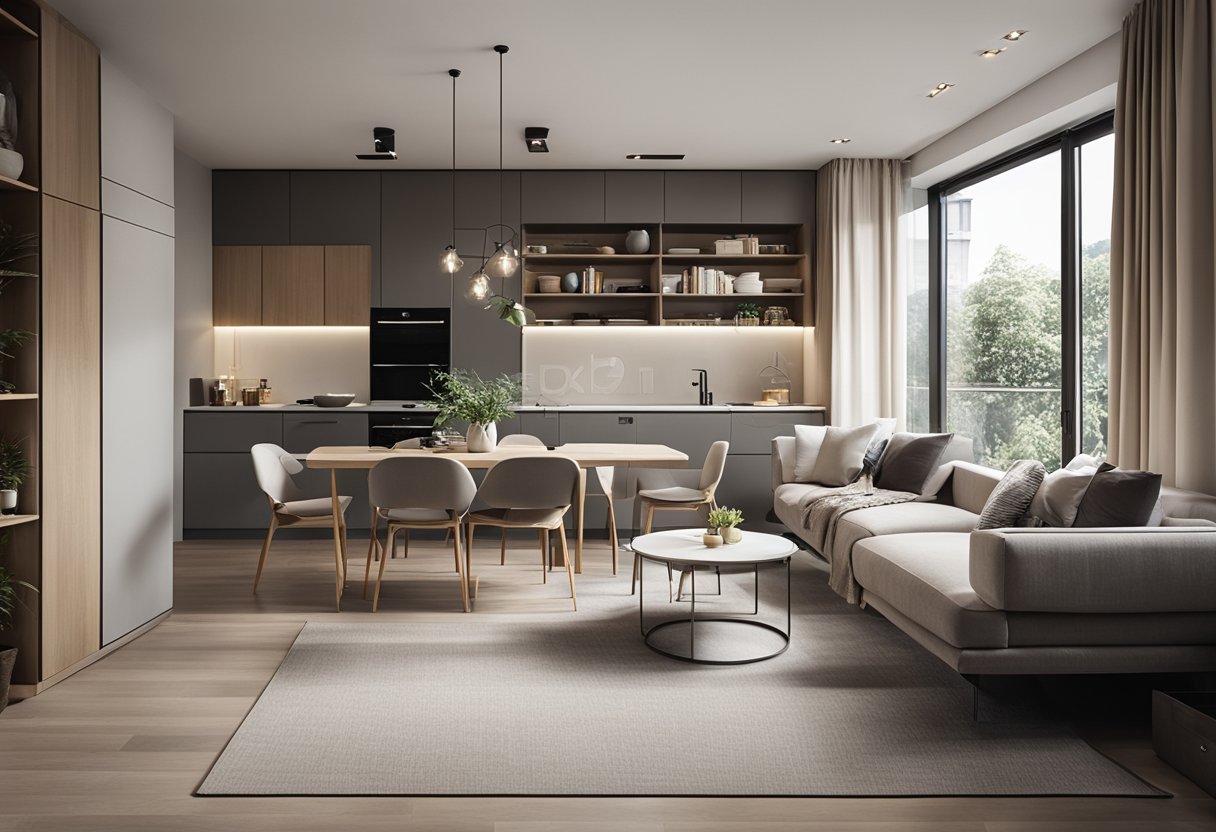 A modern 3-room flat interior with sleek furniture, neutral color scheme, and ample natural light