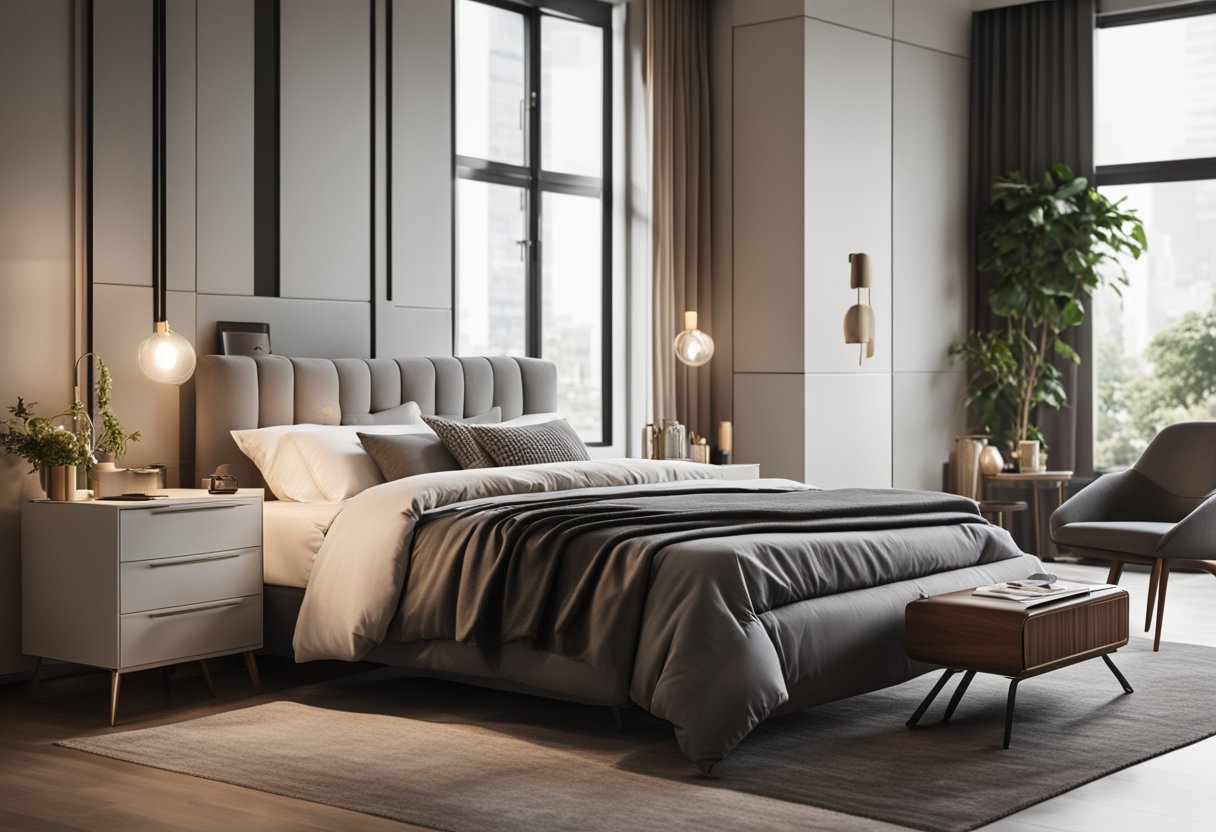 A spacious bedroom with a large window, a cozy bed with a headboard, a stylish dresser, and a modern desk with a comfortable chair