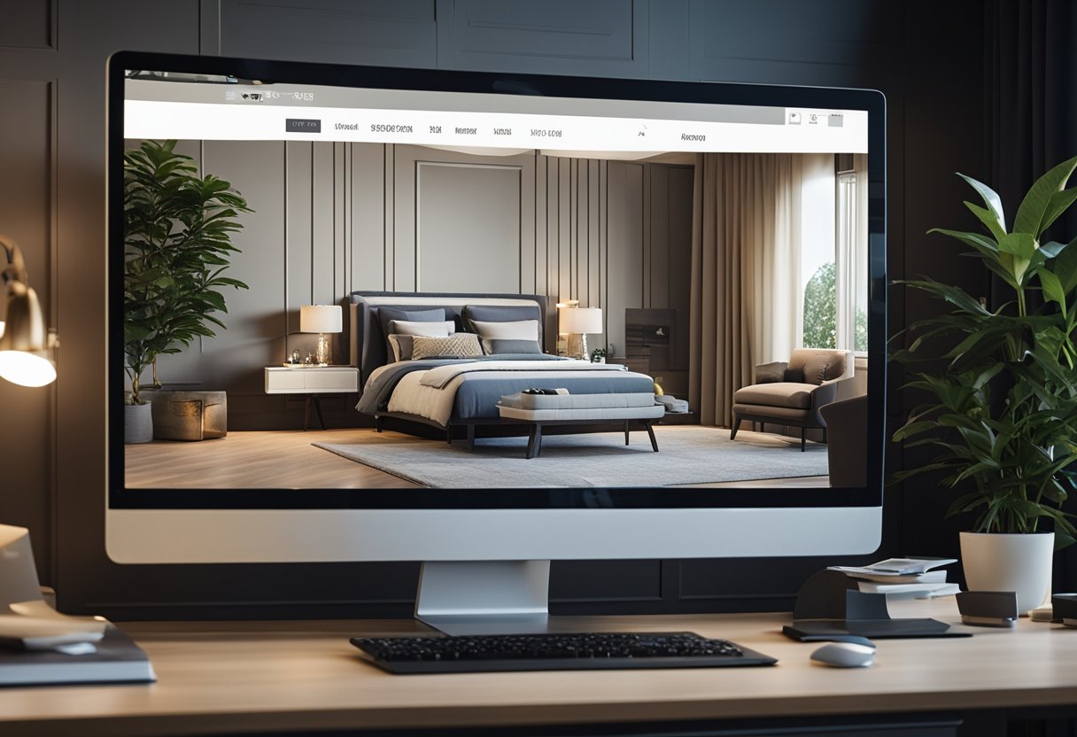 A computer screen with a bedroom design tool open, surrounded by furniture and decor options