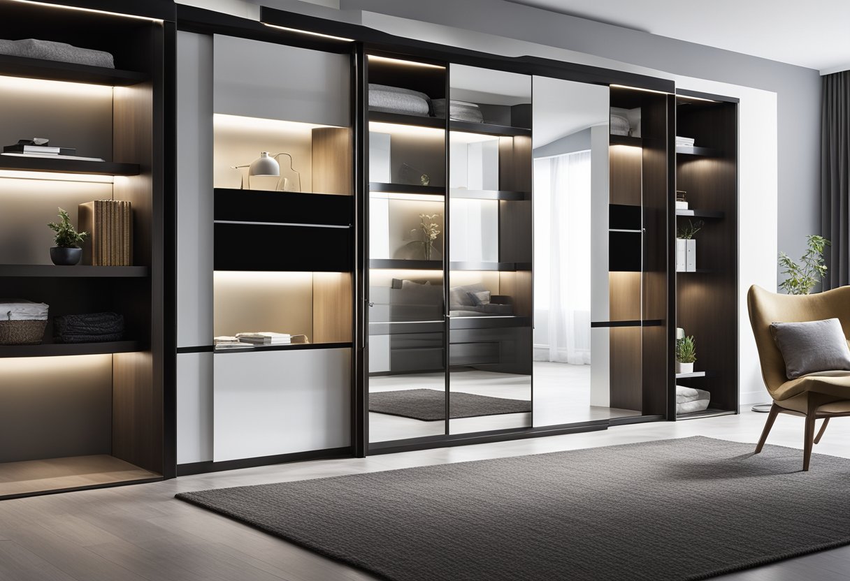 A sleek, modern sliding wardrobe with built-in lighting and adjustable shelving. Reflective surfaces and clean lines create a contemporary feel