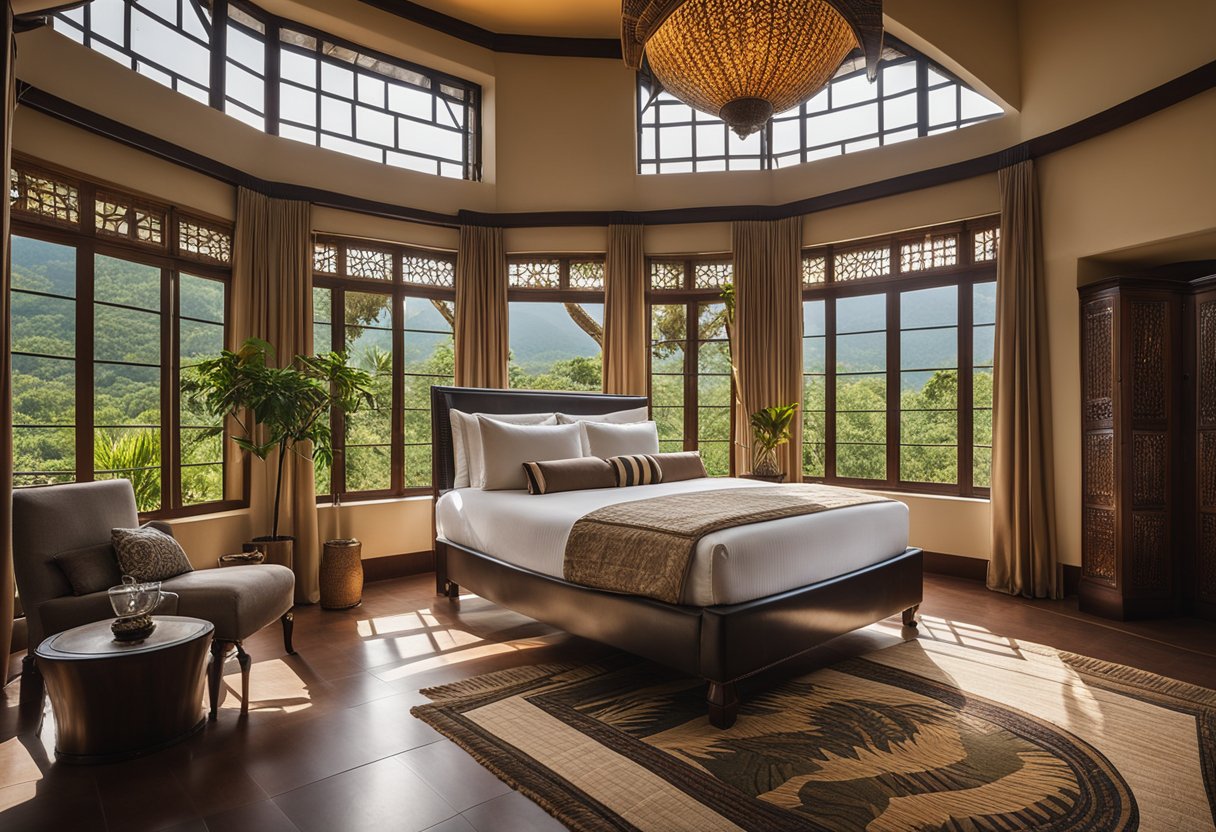 A spacious master bedroom in Kenya with a large, ornate bed, traditional African decor, and a view of lush greenery through the window