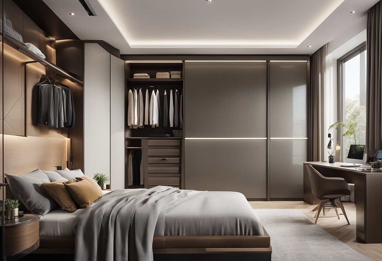 A spacious master bedroom with a sleek sliding wardrobe design, featuring modern and functional storage solutions