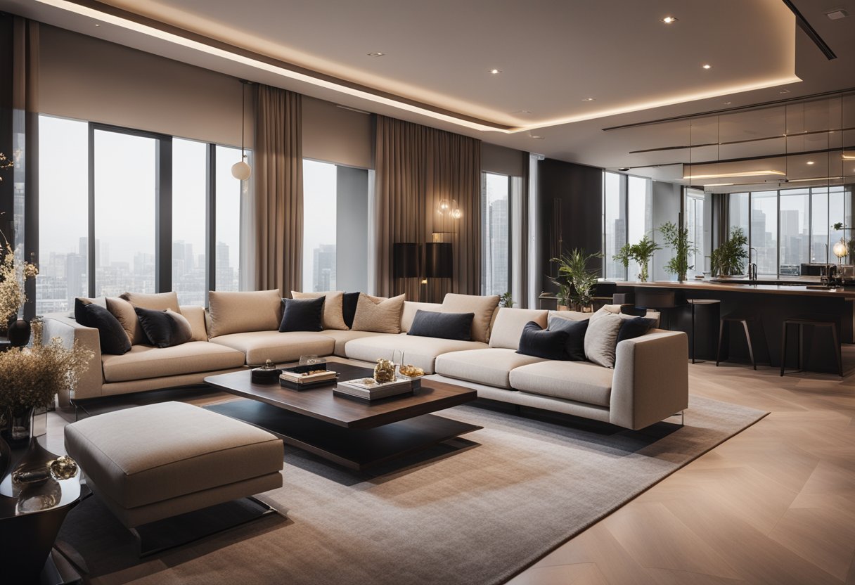 A luxurious and modern interior with clean lines, rich textures, and warm lighting. A mix of natural and man-made materials create a harmonious and inviting space