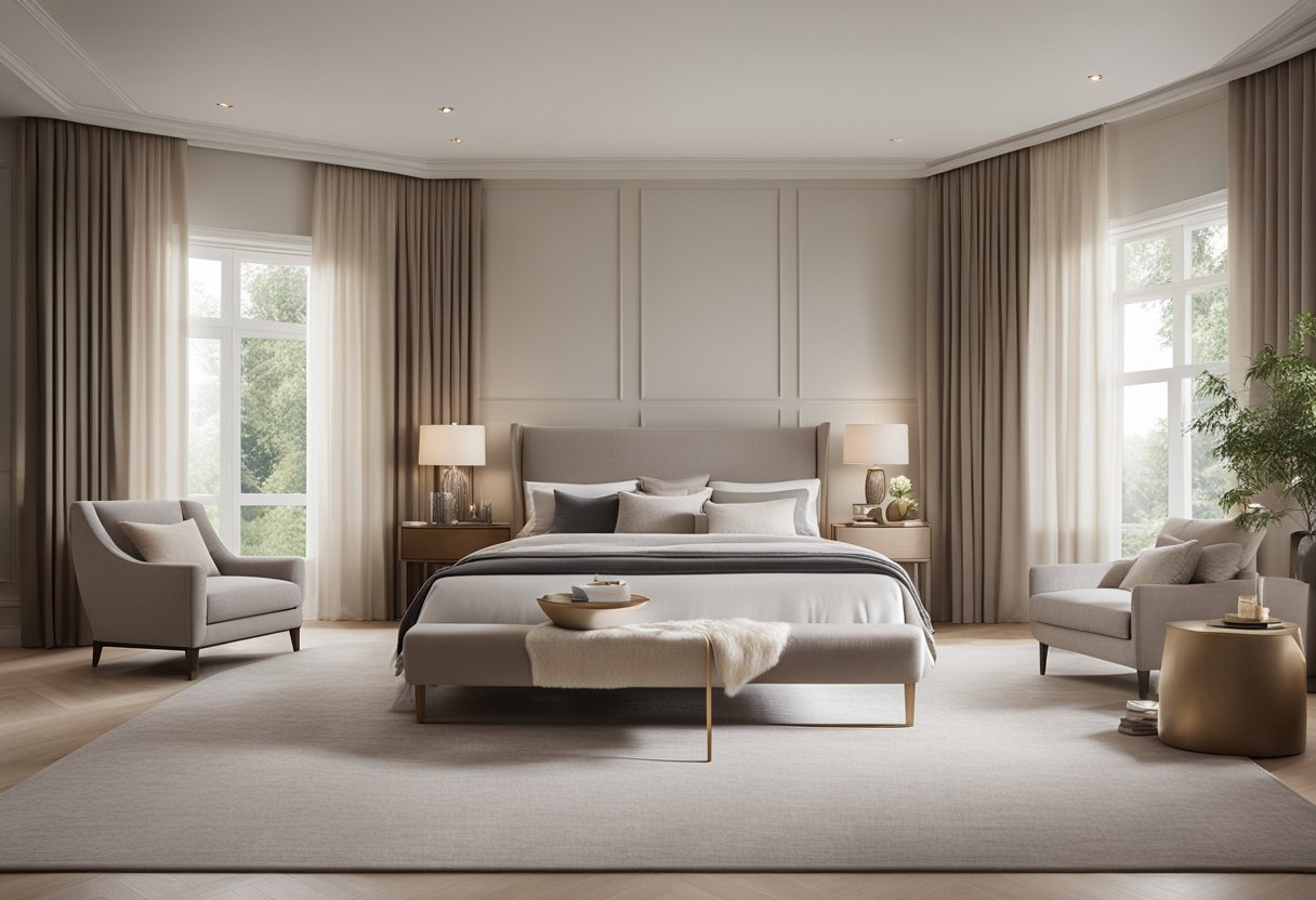 A spacious master bedroom with modern furniture, large windows, and a cozy reading nook. Soft, neutral colors create a relaxing atmosphere, while elegant decor adds a touch of luxury