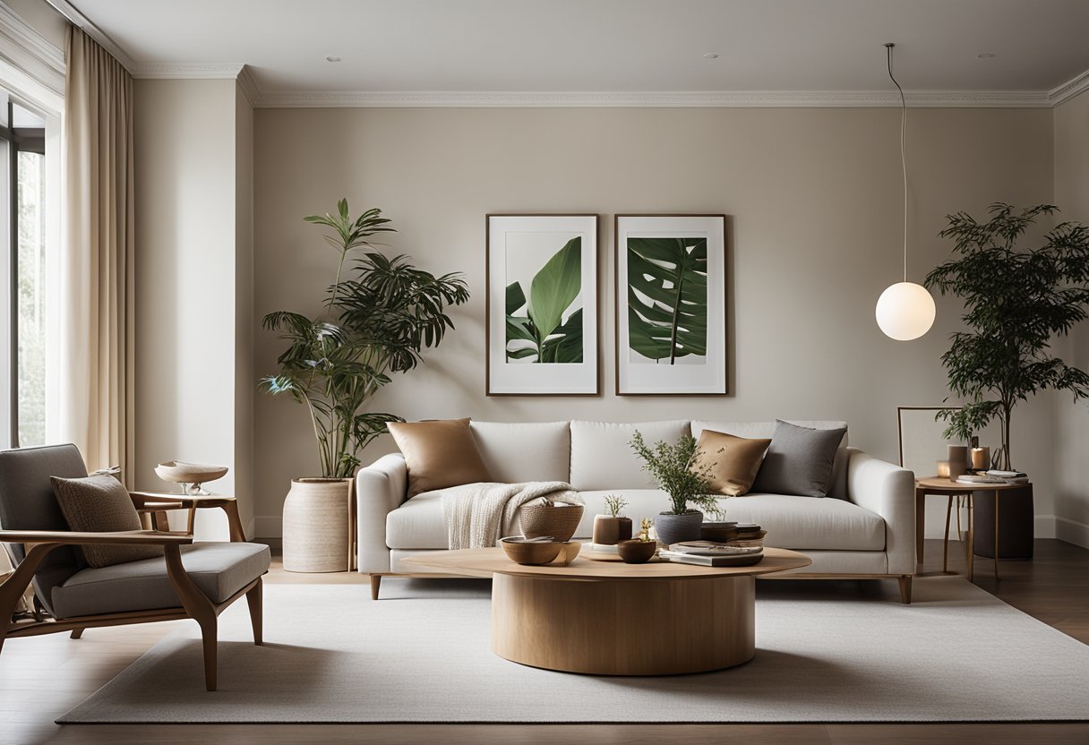 A serene, minimalist space with natural materials, soft lighting, and carefully curated furnishings, evoking a sense of understated luxury and tranquility