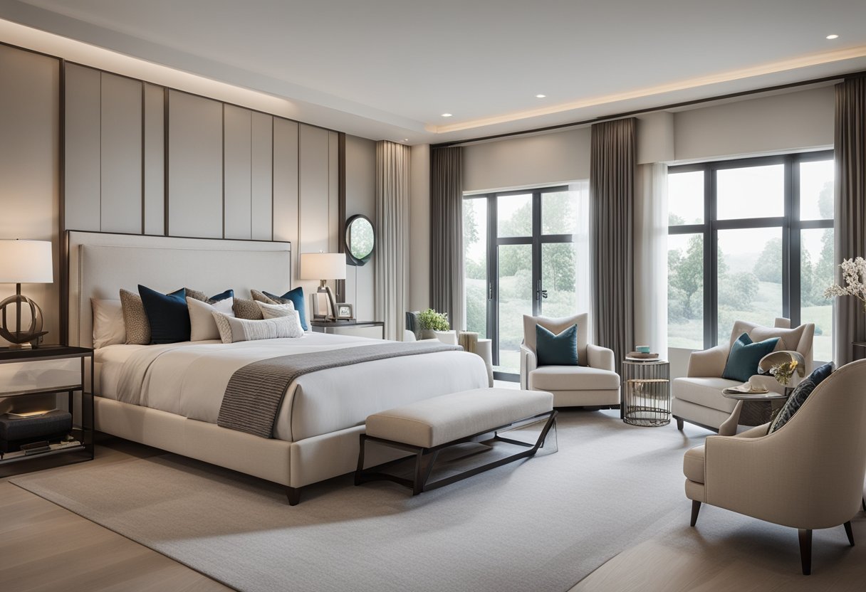 A spacious master bedroom with modern furniture, large windows, and a cozy sitting area. The room is decorated in neutral colors with pops of vibrant accents