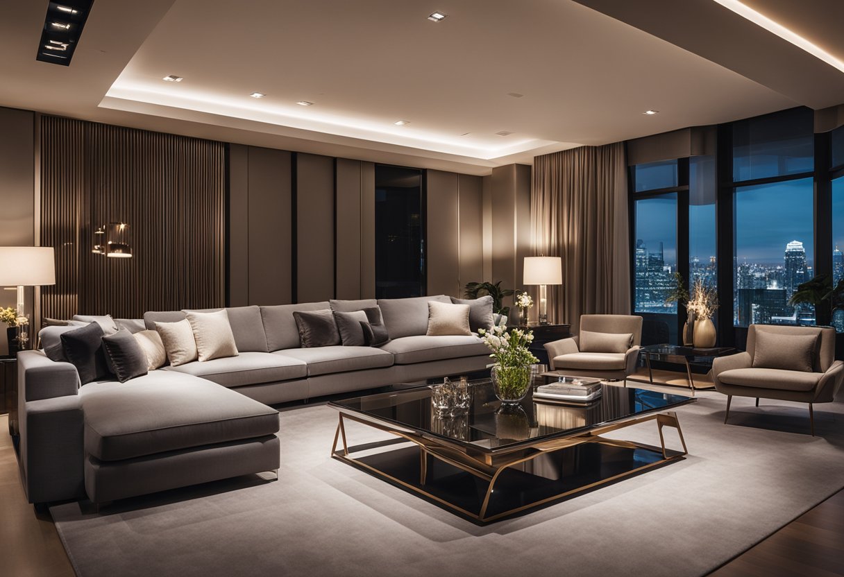 A luxurious, modern interior space with clean lines, warm lighting, and elegant furniture. The space exudes sophistication and invites relaxation