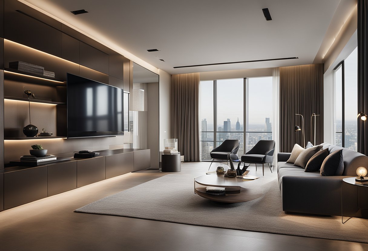 A sleek, modern interior with clean lines and warm lighting. A minimalist color palette with pops of bold accents. Textured materials and thoughtful details create a sense of luxury and sophistication
