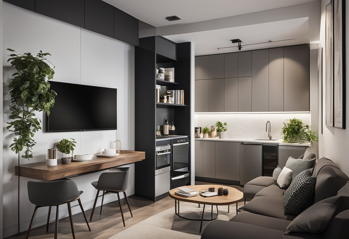 The 2 bedroom condo features a clever use of space with built-in storage, multifunctional furniture, and a minimalist color palette
