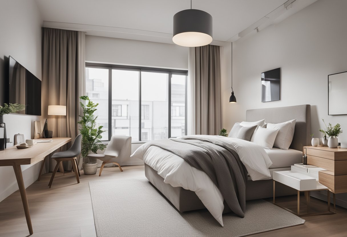 A small, minimalist bedroom with clean lines, neutral colors, and simple furniture. A bed with crisp white bedding, a sleek desk, and minimal decor