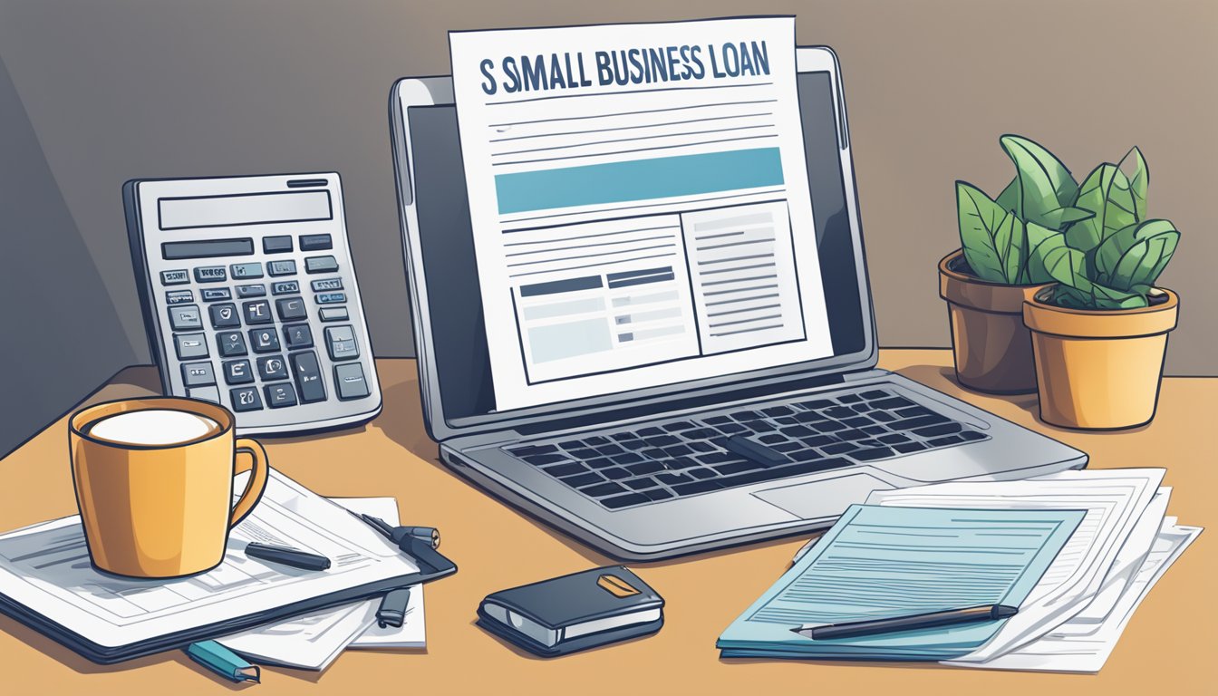 A laptop displaying a blog post titled "Small Business Loan" with a stack of papers and a calculator nearby. A mug of coffee sits on the desk