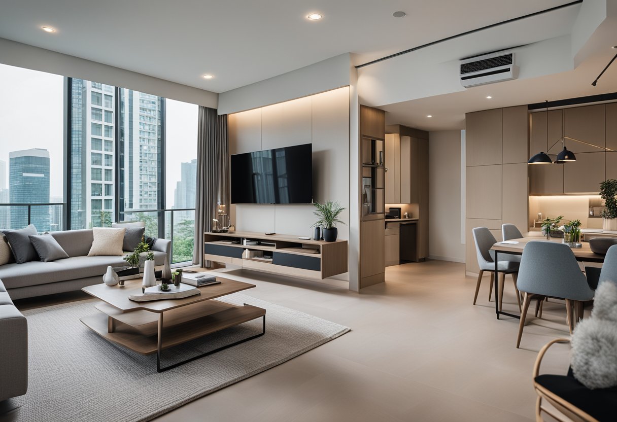 A modern 2-bedroom condo in Singapore with minimalist design, clean lines, and neutral color palette. Open concept living area with sleek furniture and natural light. Bedrooms feature cozy yet sleek decor