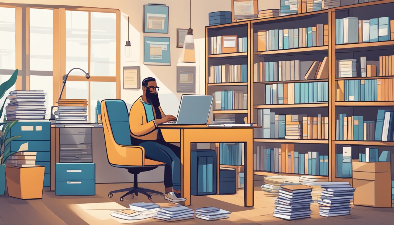 A small business owner sits at a desk, surrounded by paperwork and a laptop. They are researching different loan options and comparing interest rates and terms. The room is bright and organized, with shelves of books and files in the background