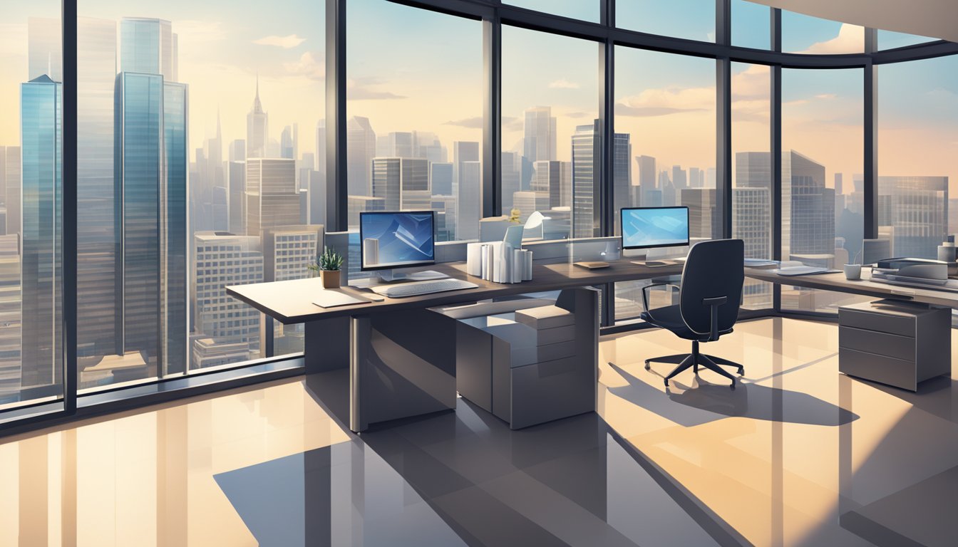 A modern office with a sleek desk, computer, and business loan documents. City skyline visible through large window