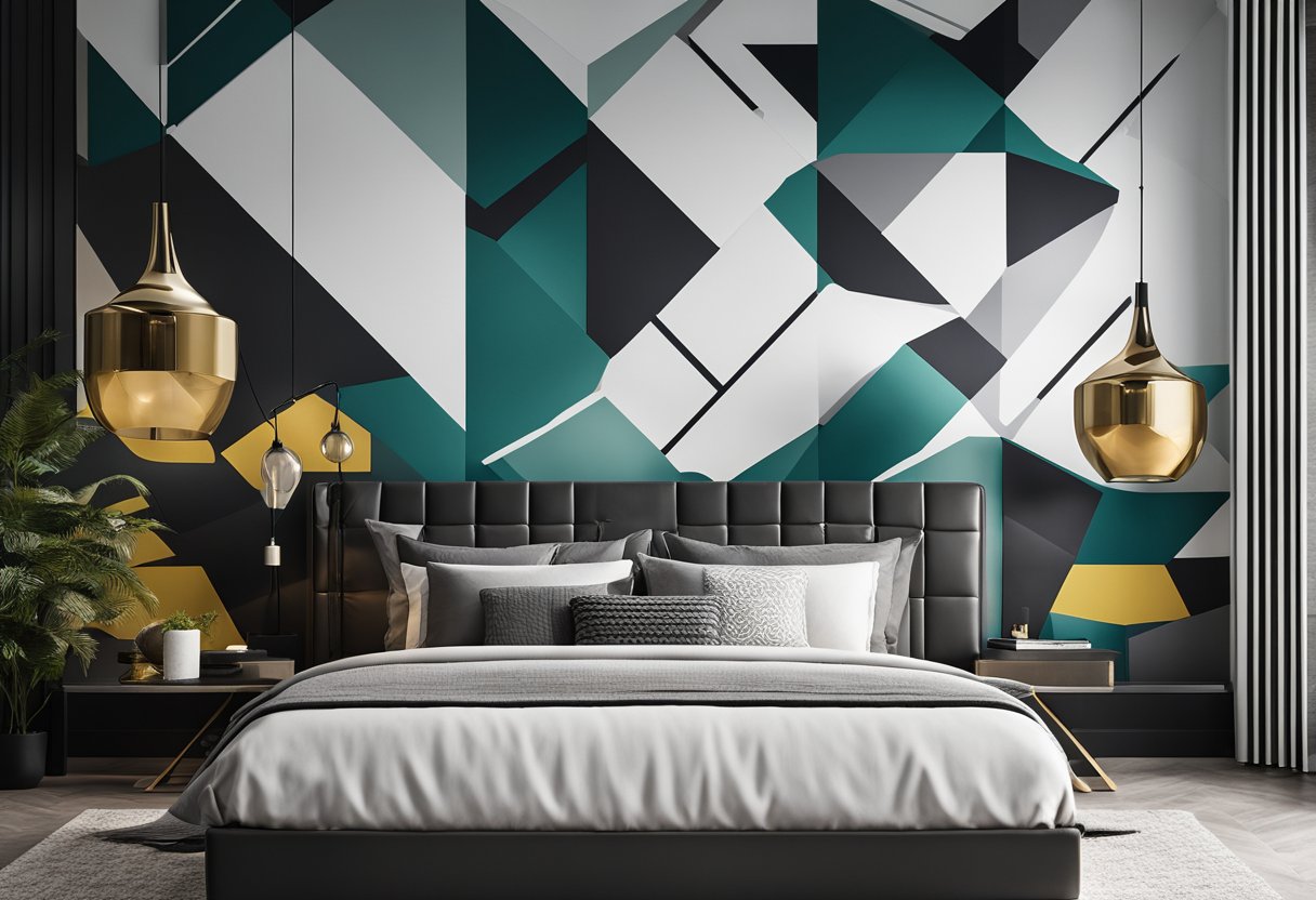 A bedroom with a bold, geometric feature wall in a contrasting color scheme. The design includes clean lines and modern shapes, adding a dynamic focal point to the room