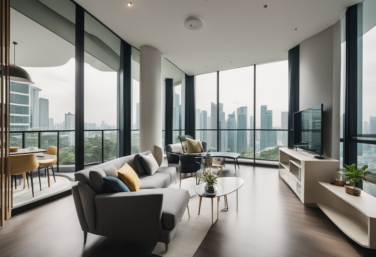 A modern 2-bedroom condo in Singapore with sleek furniture, neutral color palette, and natural light streaming in through large windows
