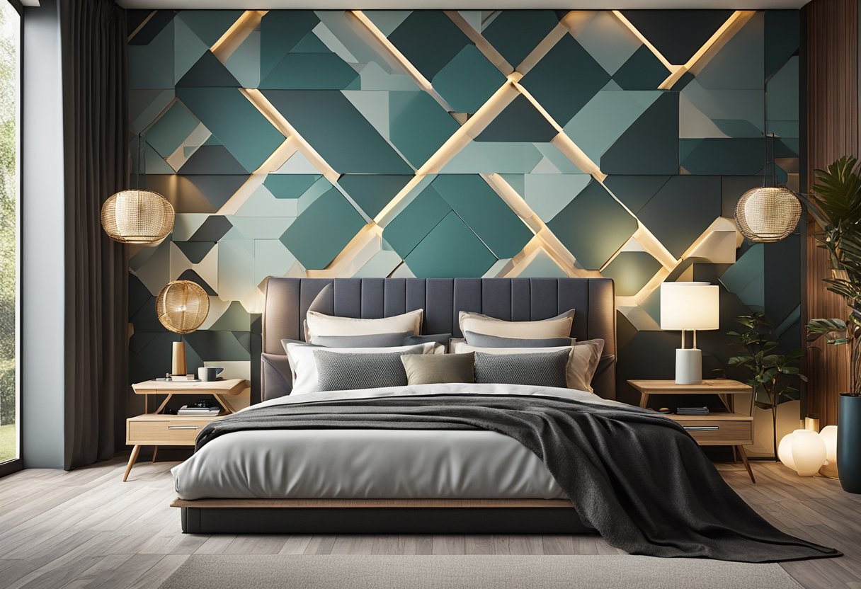 A bedroom with a bold feature wall using geometric patterns and textured materials like wood, stone, or fabric. Lighting creates depth and shadow