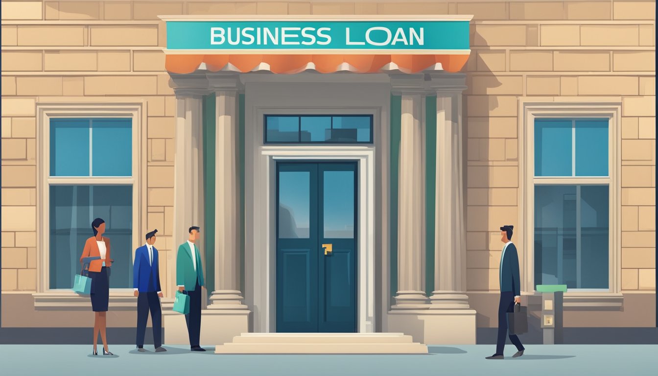 A bank sign displays "Business Loan Interest Rate" with a percentage next to it. Customers are seen entering the bank