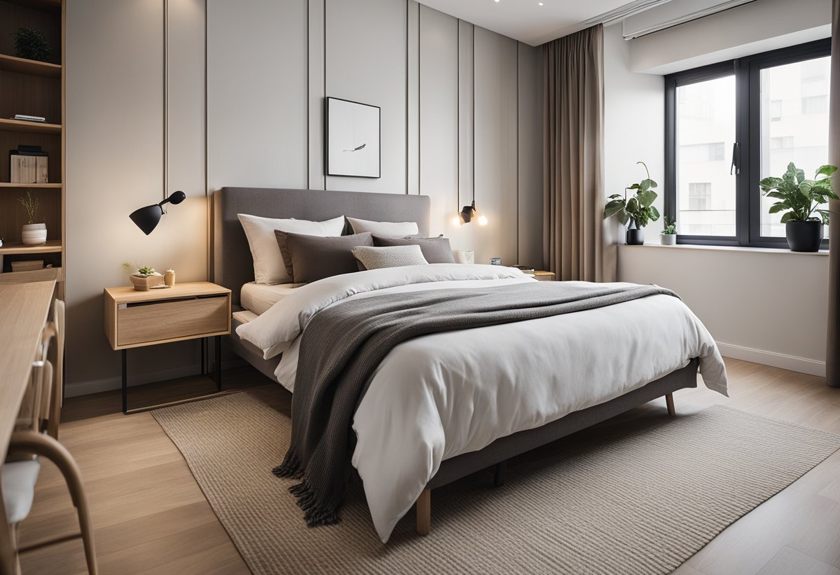 A small bedroom with clean lines, neutral colors, and multi-functional furniture. Minimal decor and clutter-free surfaces create a serene and spacious feel