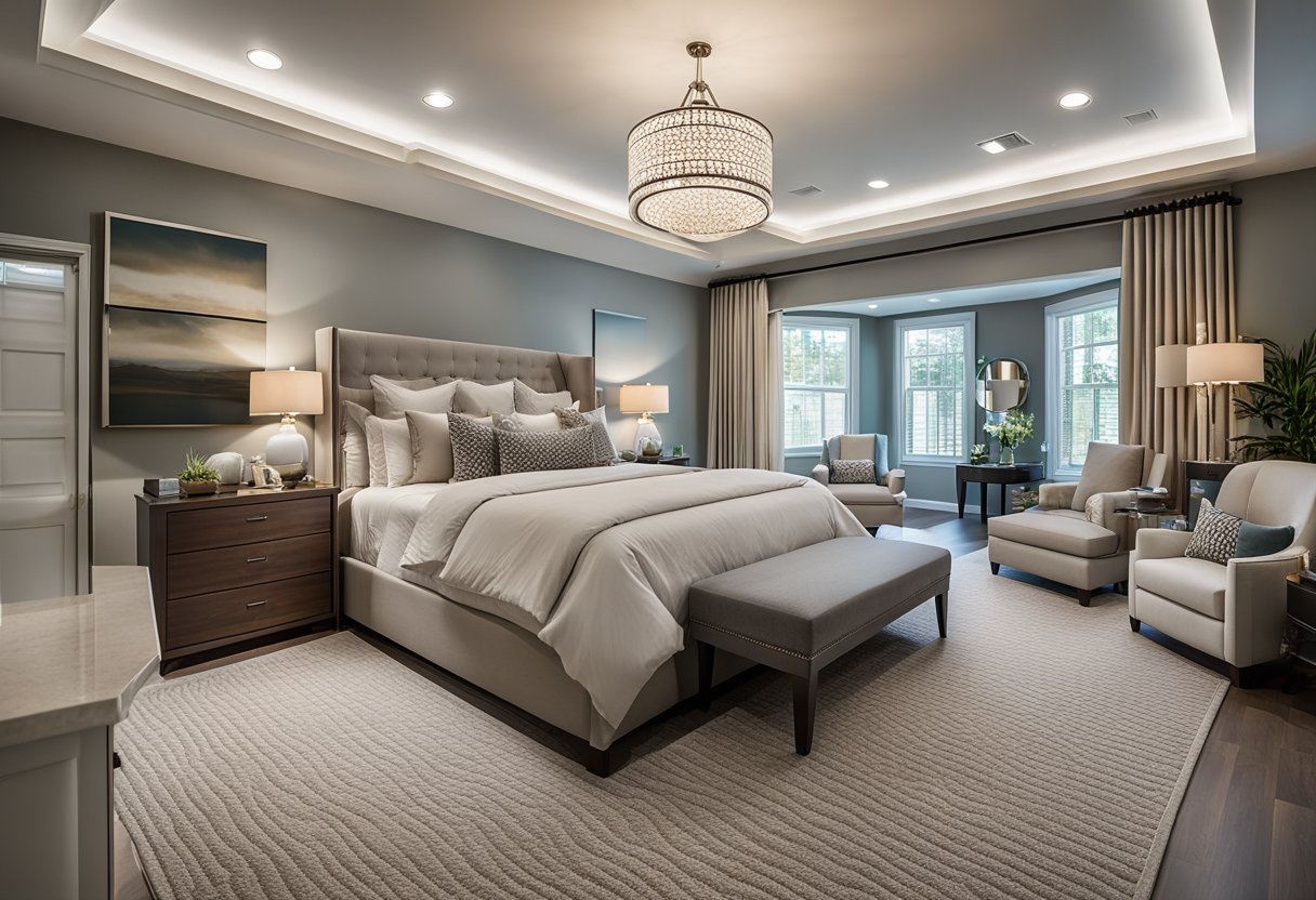 A spacious master bedroom suite with a king-size bed, a cozy sitting area, a large walk-in closet, and a luxurious en-suite bathroom with a double vanity and a soaking tub