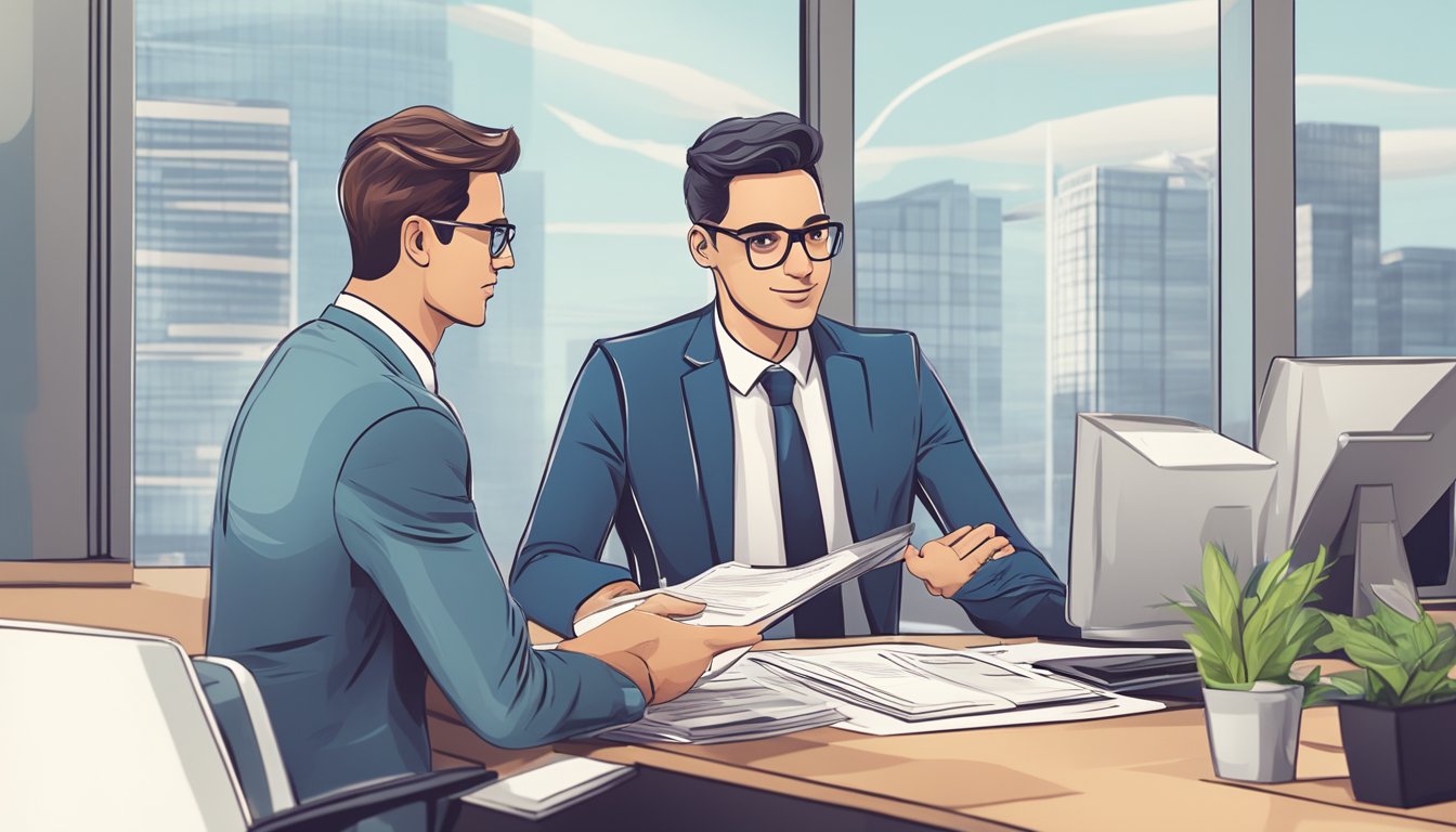 A confident business owner presenting a well-prepared loan application to a professional banker in a modern office setting