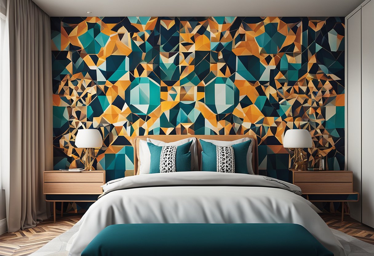 A bedroom with a bold feature wall, adorned with intricate geometric patterns and vibrant colors, creating a focal point in the room