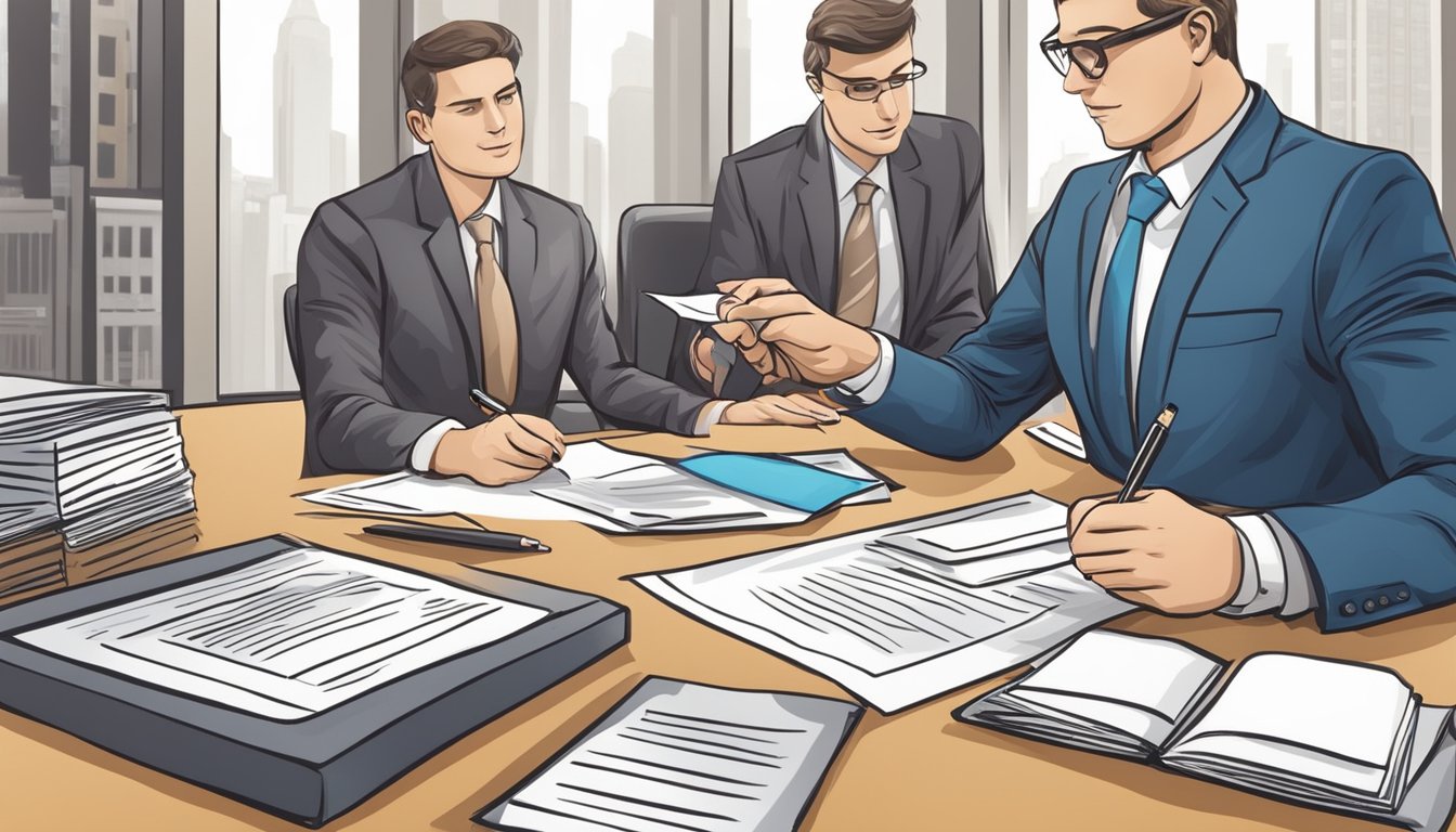A businessman signing a loan agreement with a bank representative, while discussing repayment and management terms