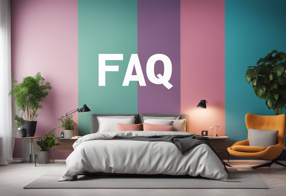 A bedroom wall adorned with various FAQ designs in vibrant colors and modern typography