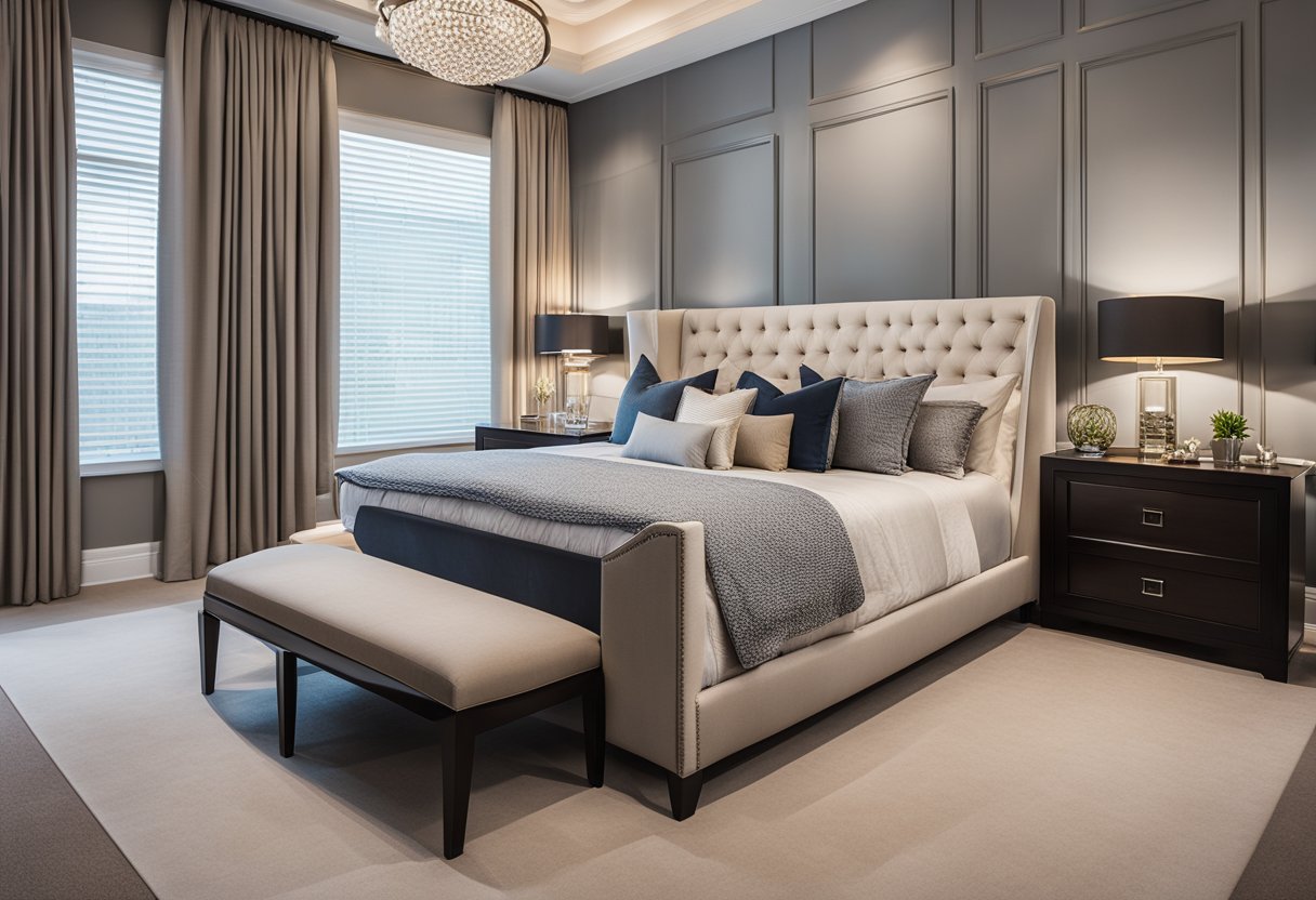 A spacious master bedroom suite with a cozy sitting area, elegant furniture, and personalized accents
