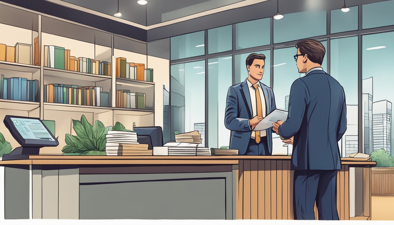 A small business owner confidently presenting financial documents to a bank manager, discussing loan potential