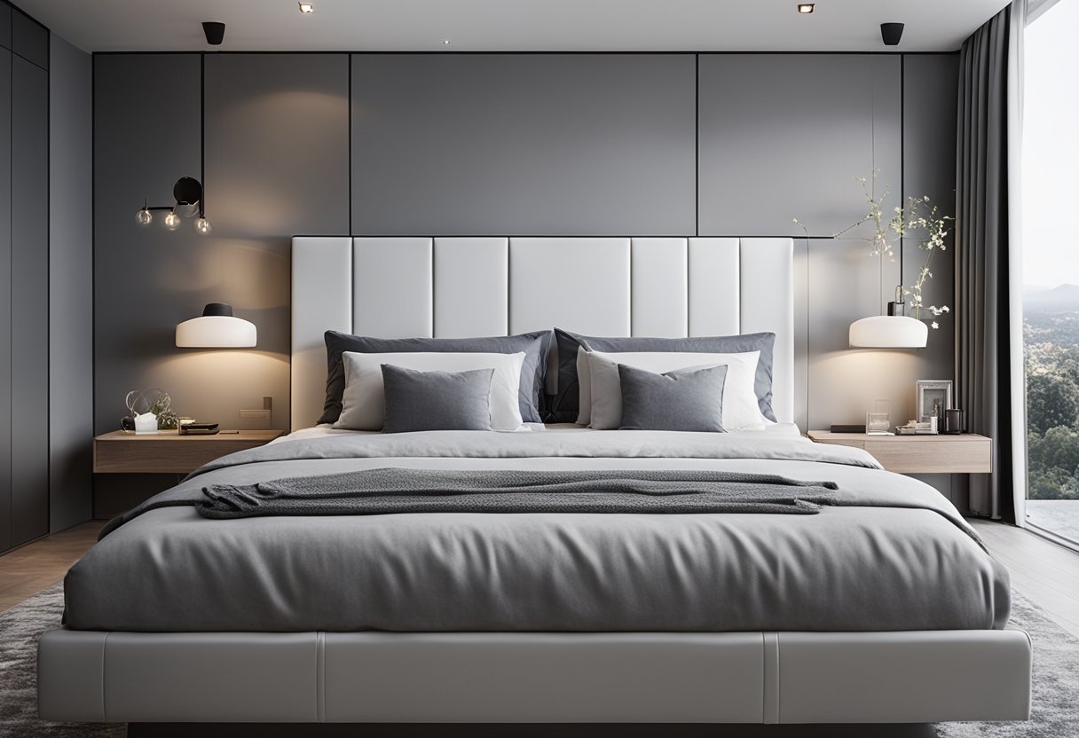 A grey and white bedroom with modern furniture and minimal decor