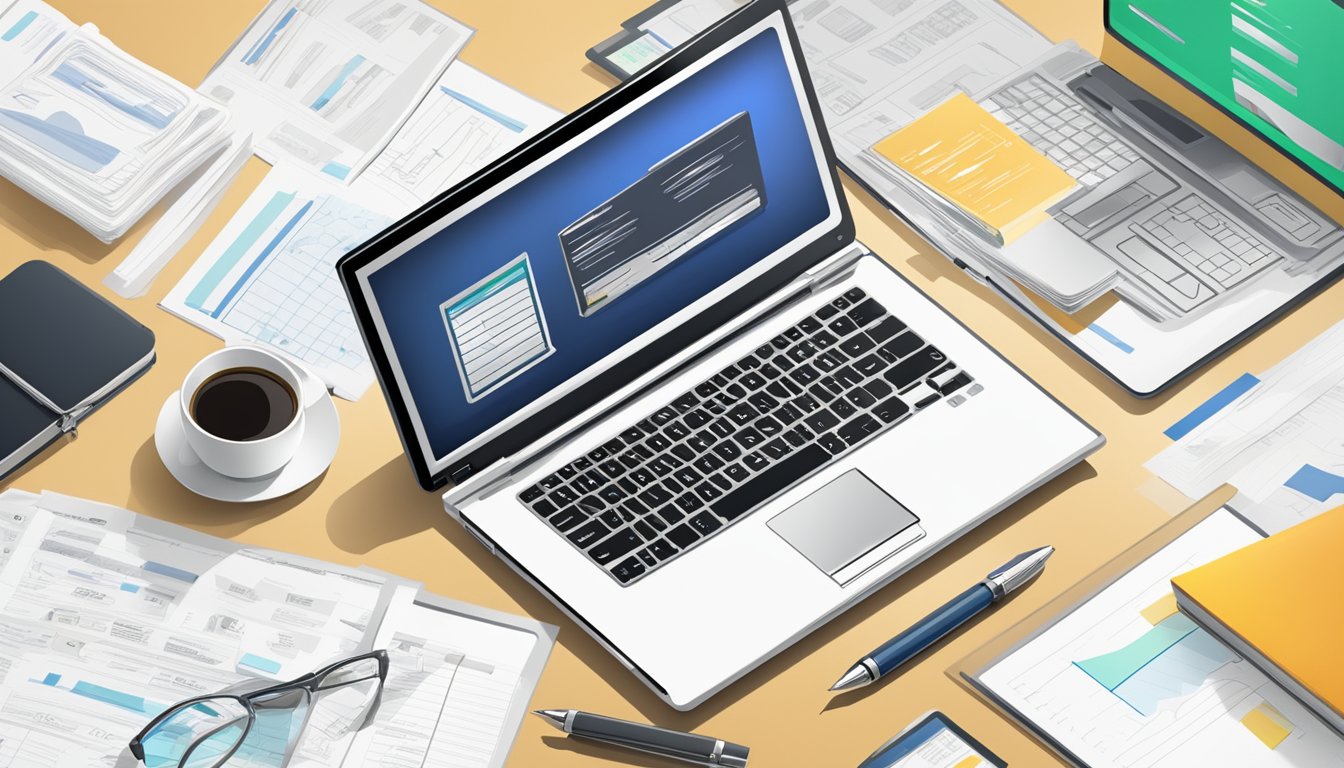 A desk with a laptop, paperwork, and a pen. A business plan and financial documents are spread out. A bank logo is visible on the laptop screen