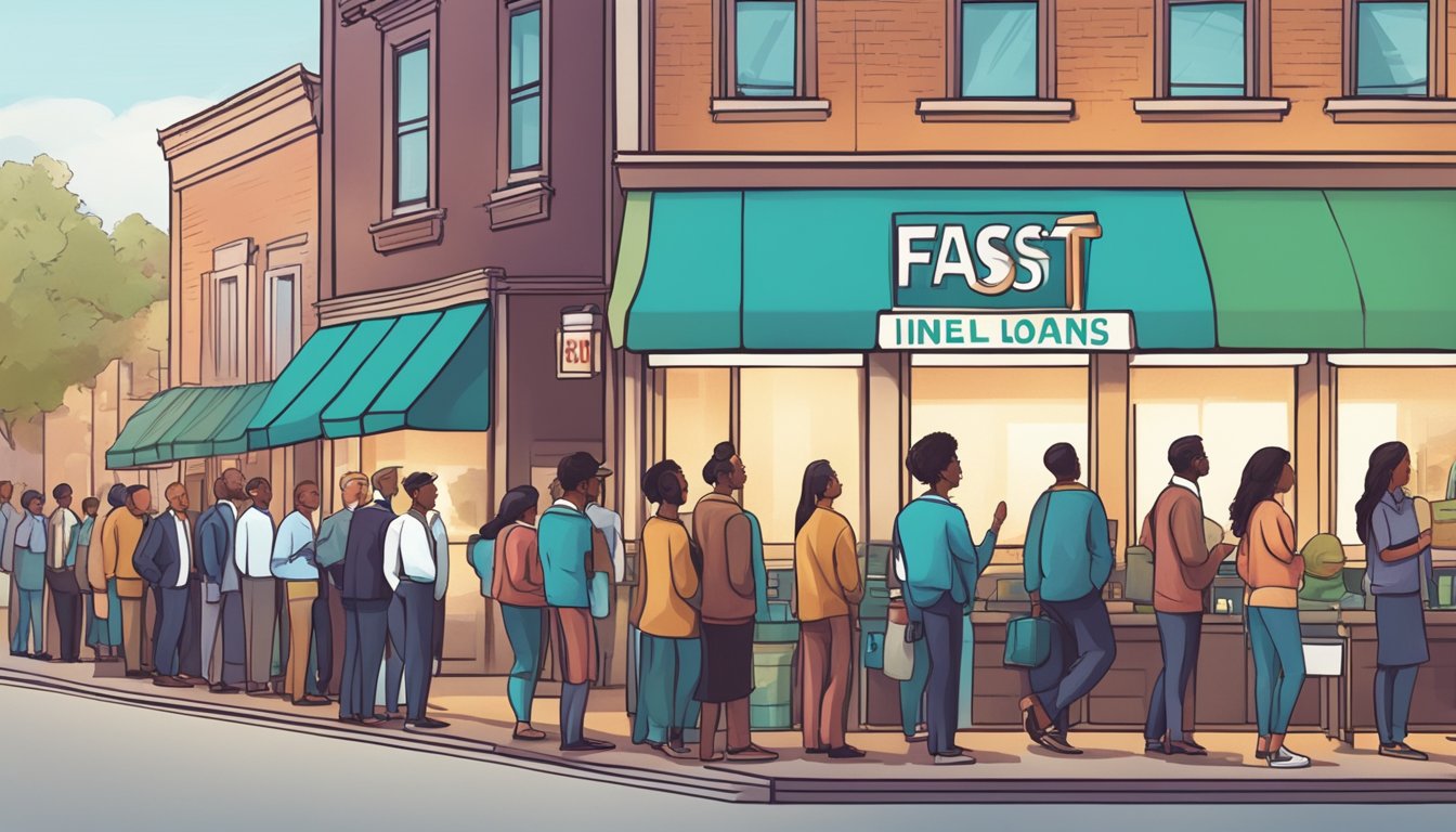 A line of small business owners eagerly await as a lender answers their frequently asked questions about fast loans