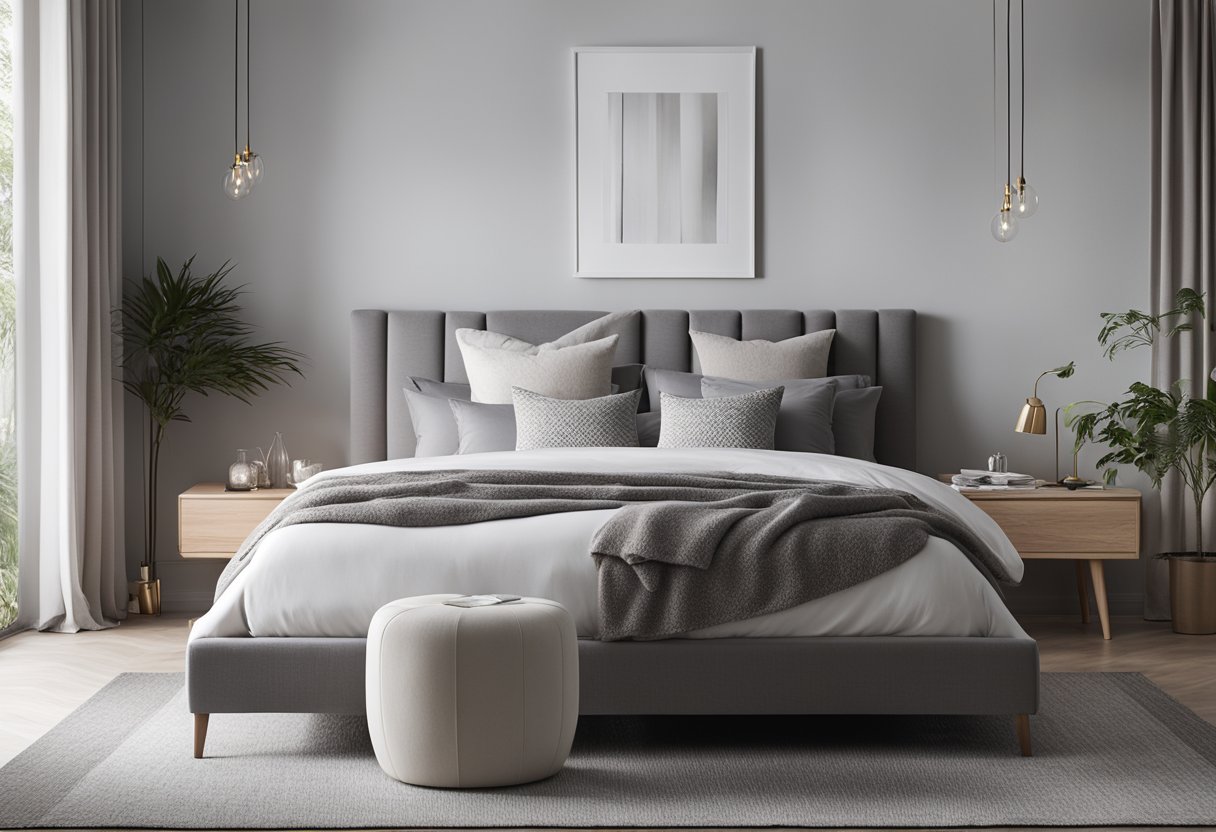 A cozy, modern bedroom with a grey and white colour palette, featuring a plush bed, sleek furniture, and soft, textured textiles