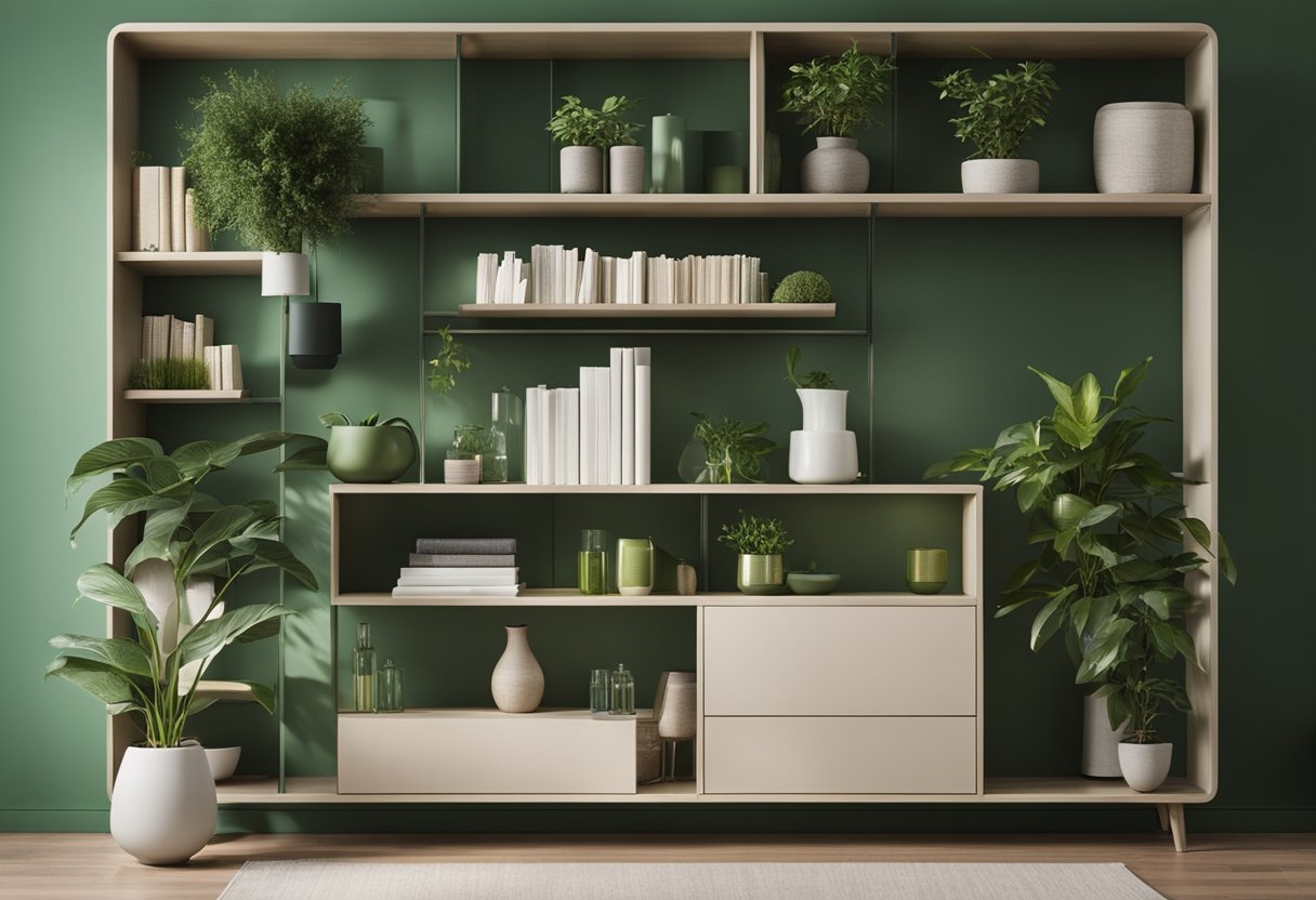 A sleek, modern bedroom cabinet with open shelves, neatly arranged books, and decorative vases. The color scheme is neutral with pops of green from potted plants