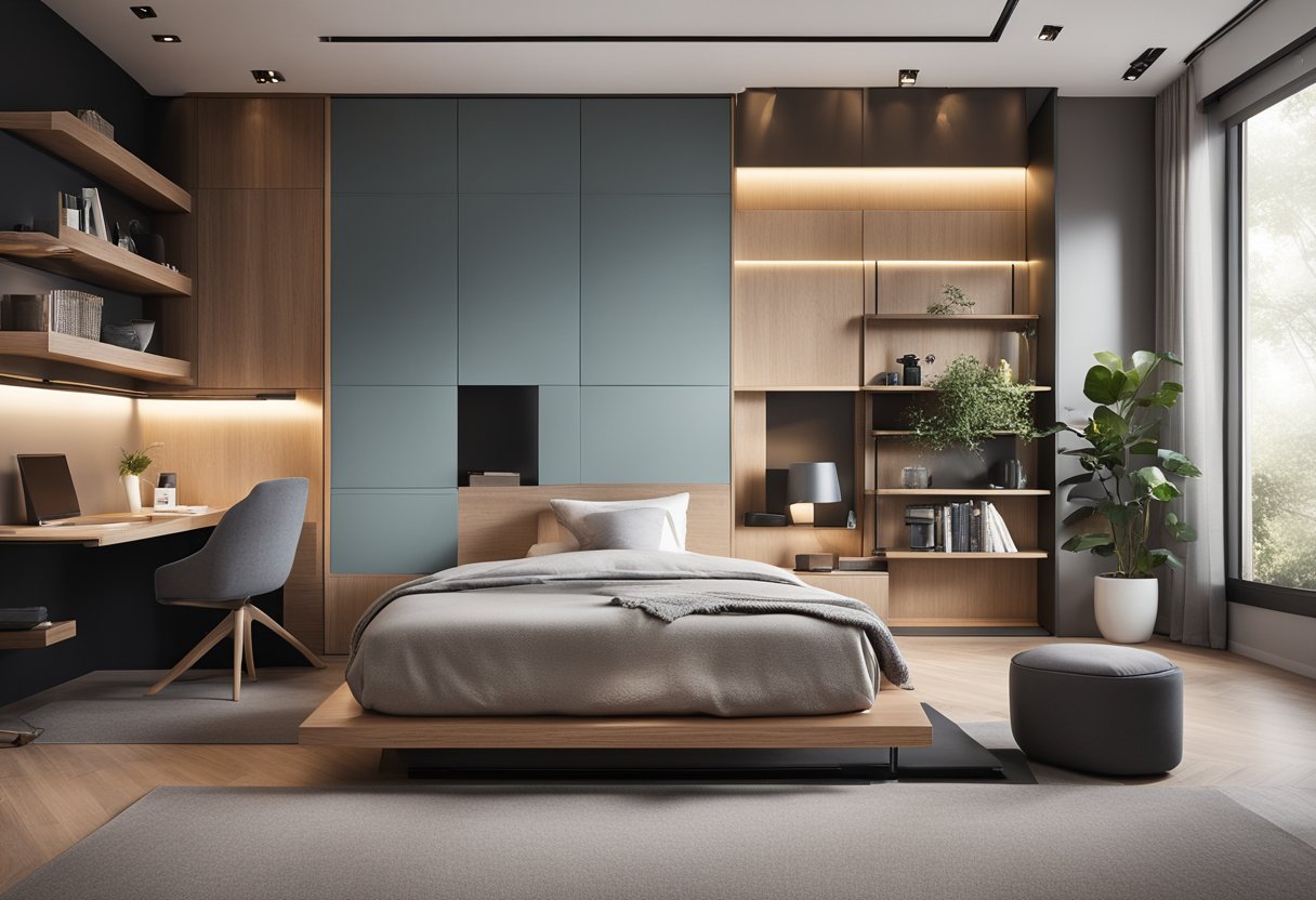 A cozy modern bedroom with a space-saving platform bed, sleek built-in storage, and a minimalist desk area with a wall-mounted shelf