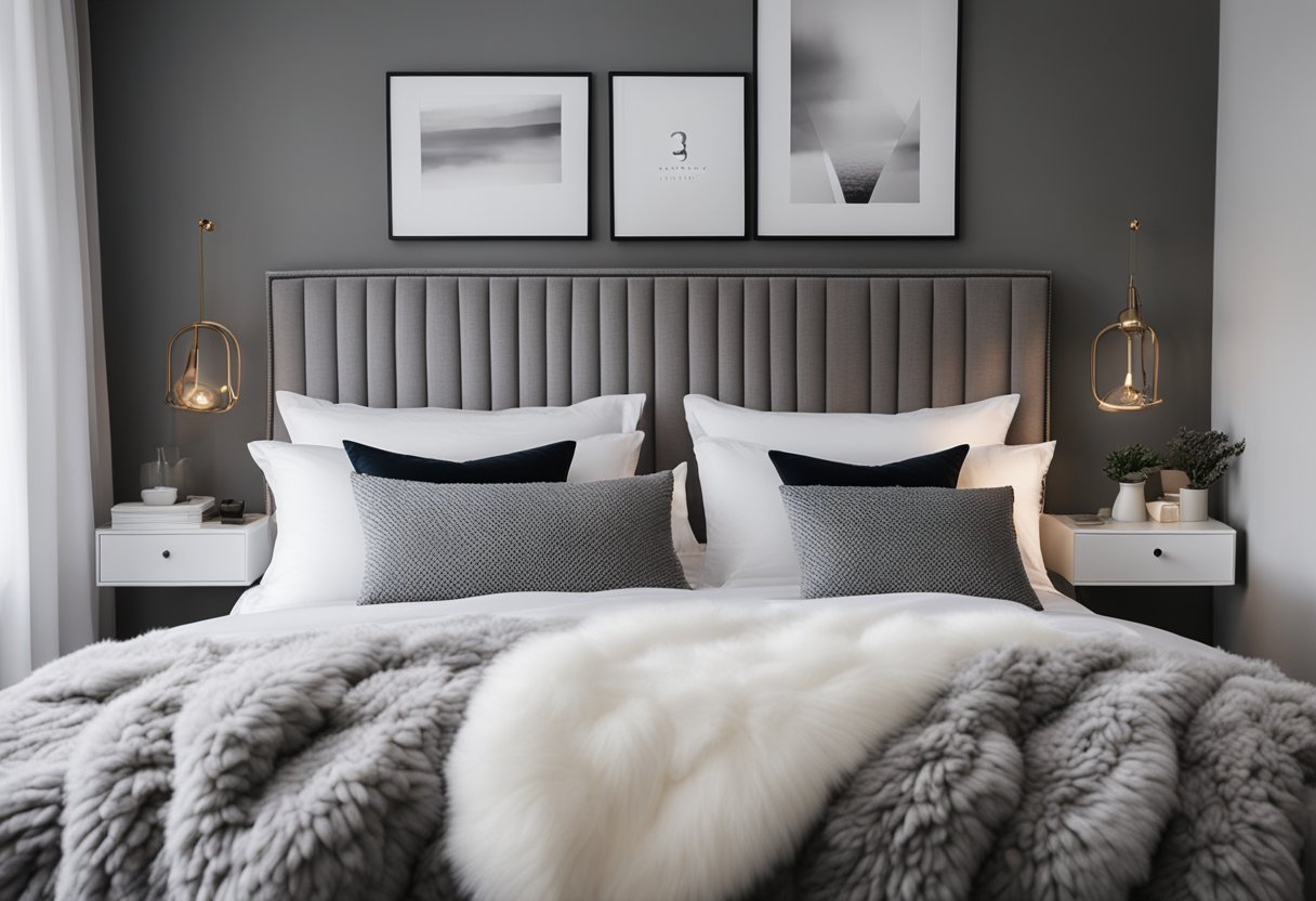 A grey and white bedroom with plush textures and fabrics, featuring a cozy bed, soft throw pillows, and a fluffy area rug