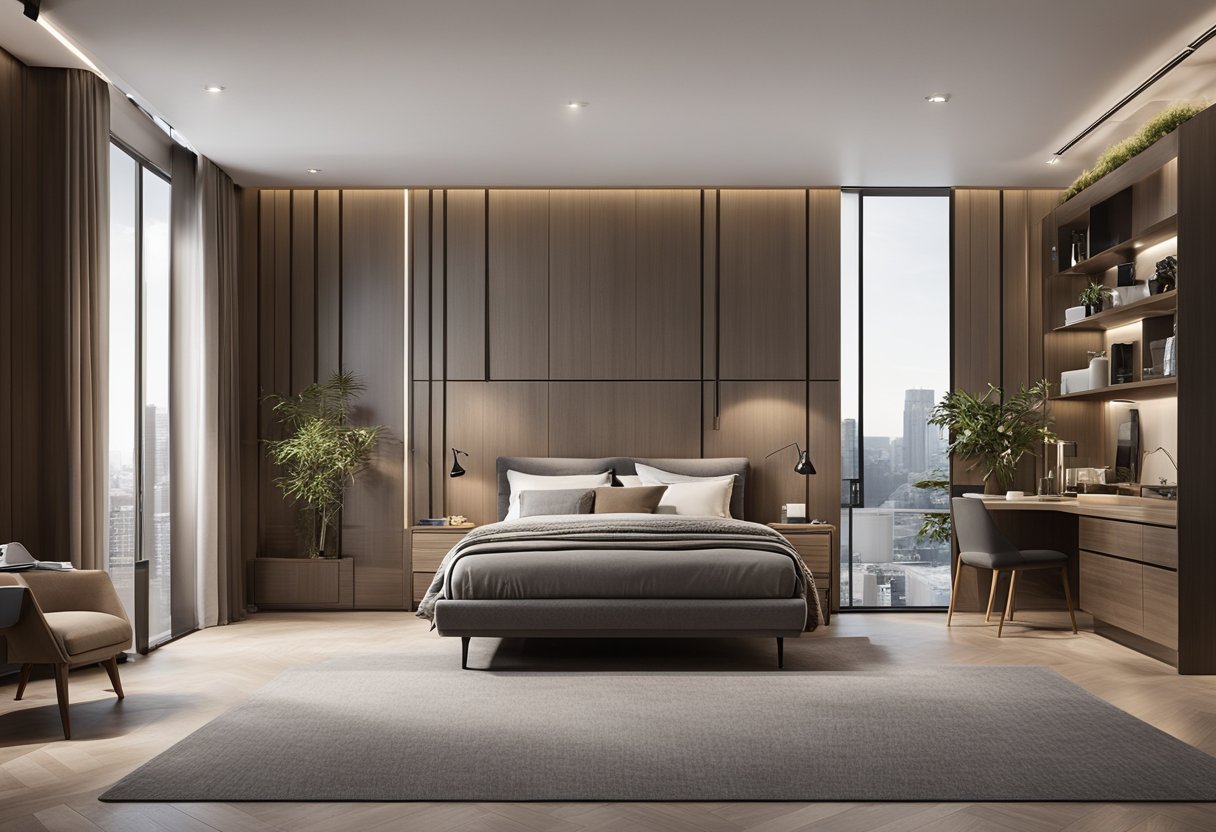 A spacious bedroom with a sleek, modern cabinet layout. The cabinets are organized and functional, with ample storage space and stylish design elements