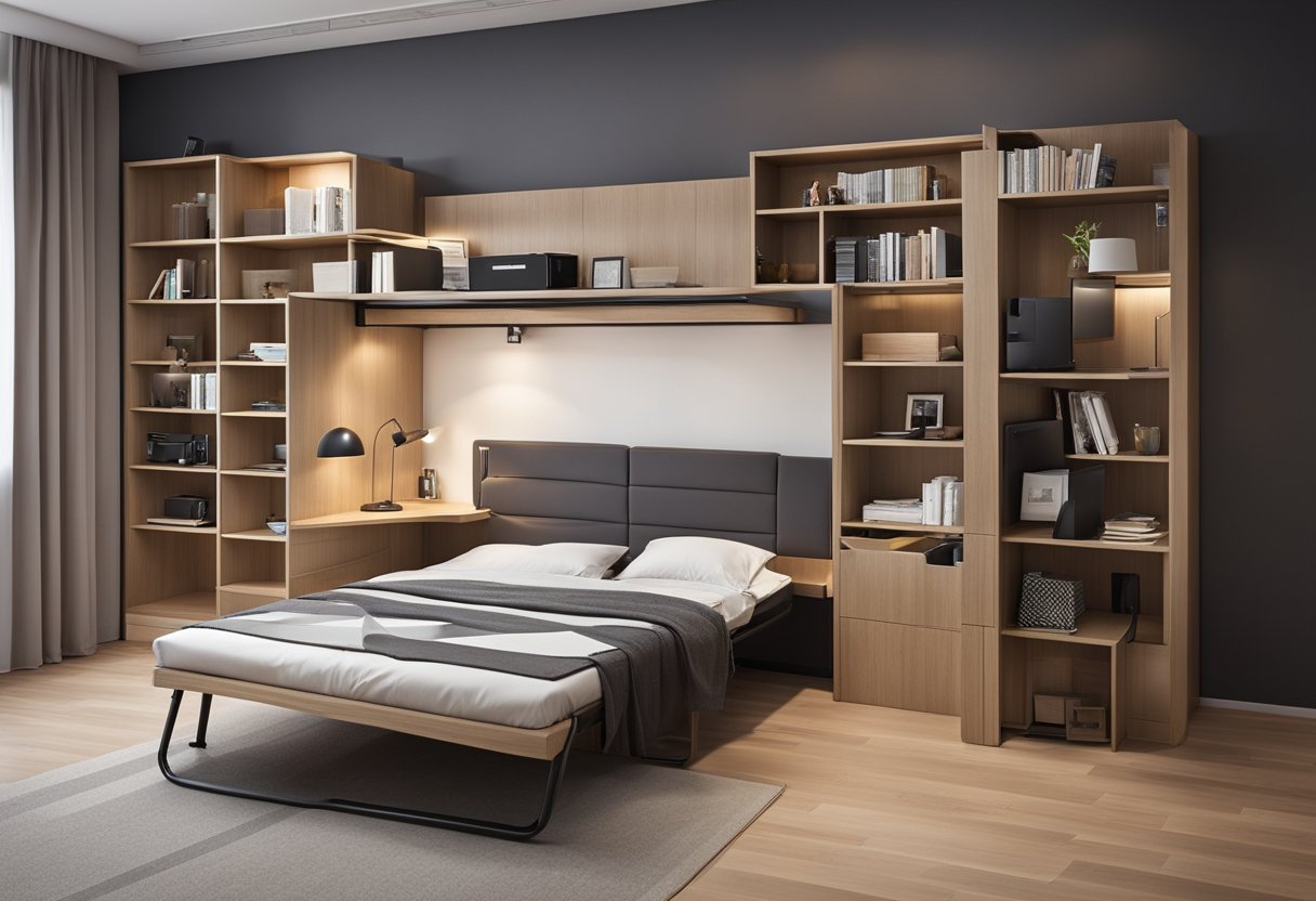 A compact, multi-functional bed folds into a sleek desk. Shelving units and hidden storage optimize the room's space