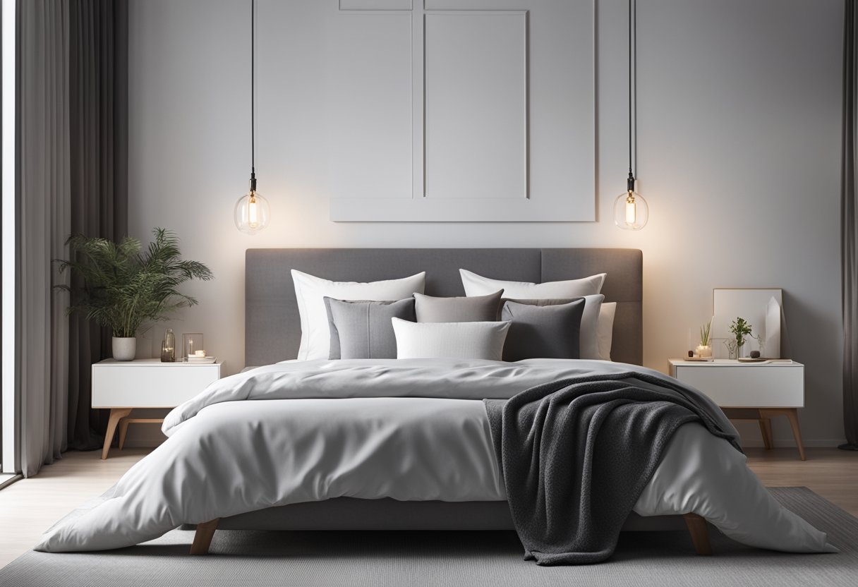 A cozy grey and white bedroom with a minimalistic design, featuring a large bed with crisp white linens, a sleek grey dresser, and soft, plush throw pillows