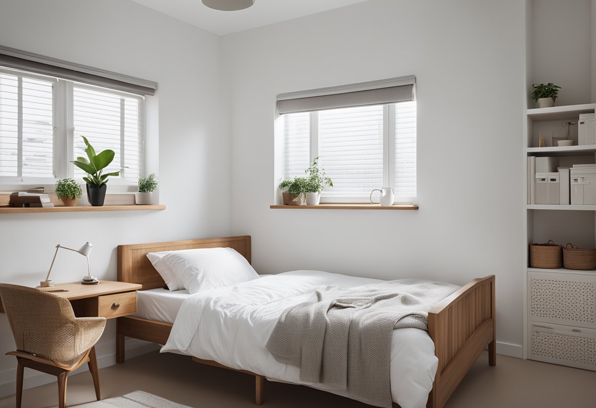 A small bedroom with clean lines, neutral colors, and simple furniture. A single bed with crisp white bedding sits against a wall, while a small desk and chair occupy the opposite corner. A large window lets in natural light, illuminating the minimalist space