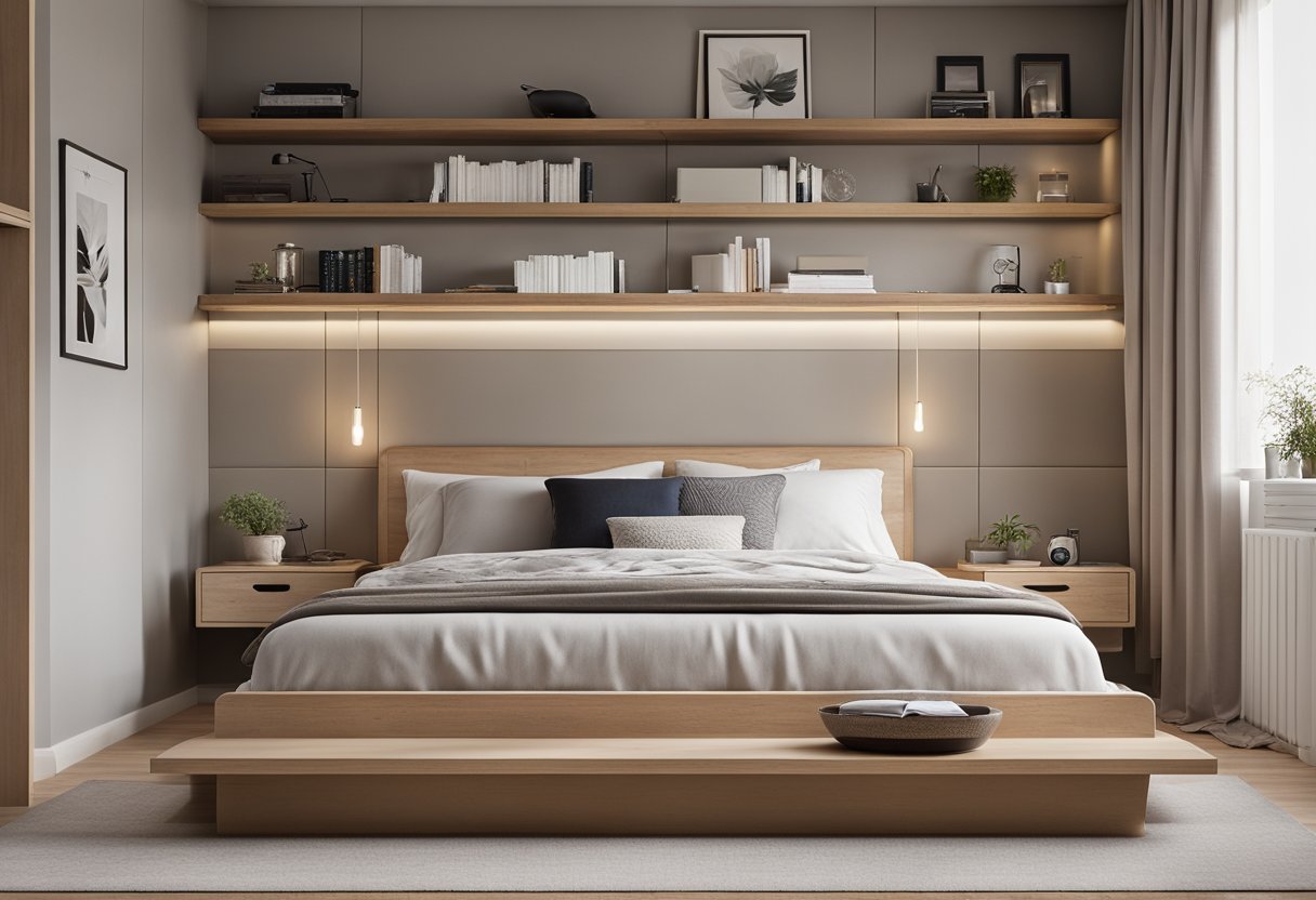 A small bedroom with a simple, uncluttered design. A platform bed with storage underneath, floating shelves, and a small desk with a chair. Neutral colors and natural light