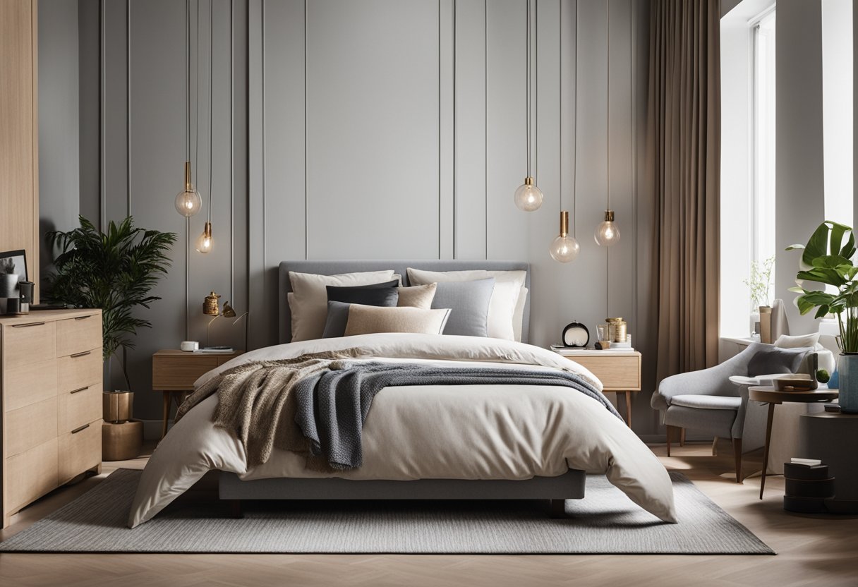 A modern bedroom with neutral tones, textured fabrics, and pops of color in small rooms