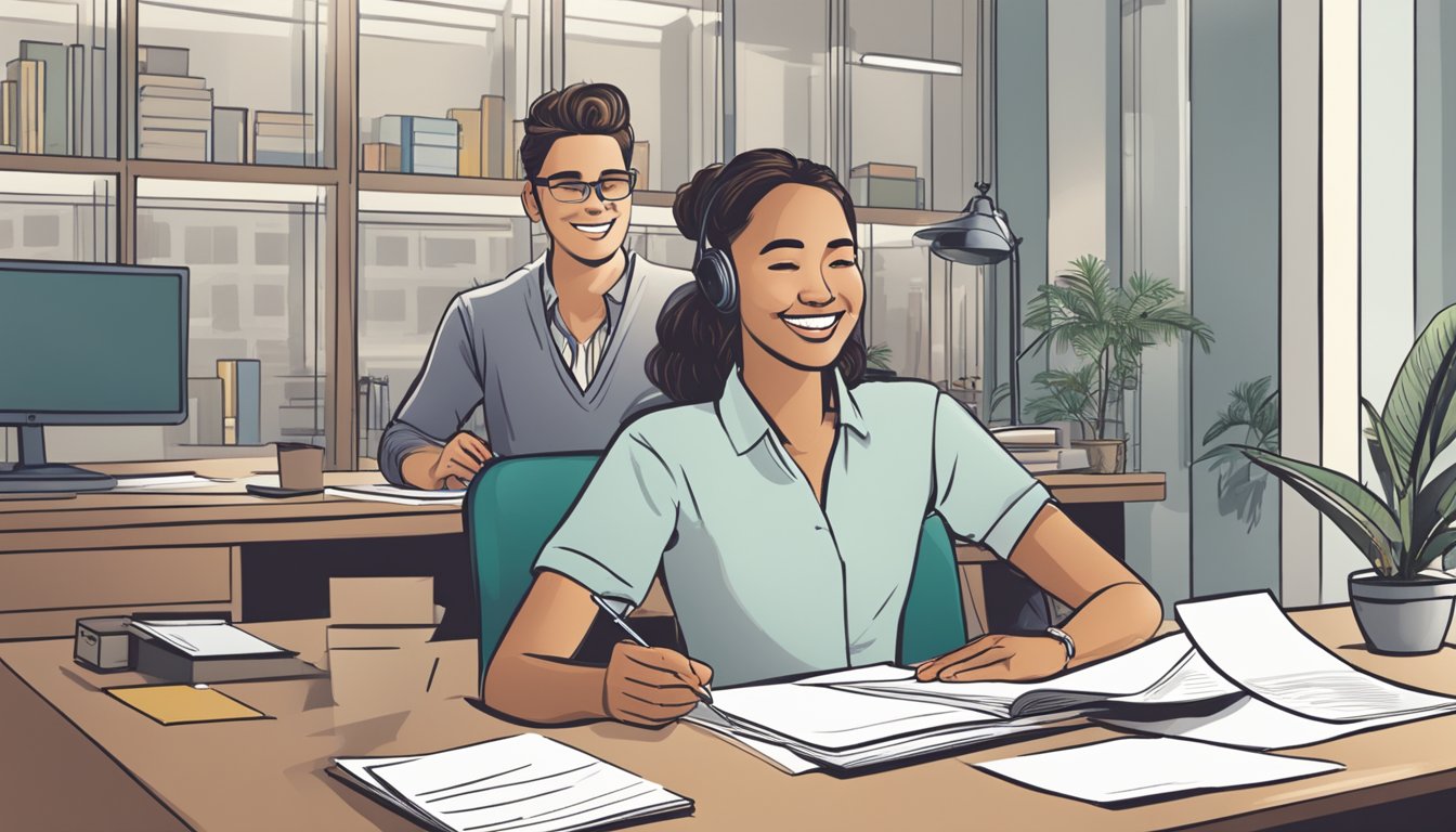 A person sitting at a desk, smiling while filling out paperwork. A bank representative is across from them, nodding and handing over a loan agreement