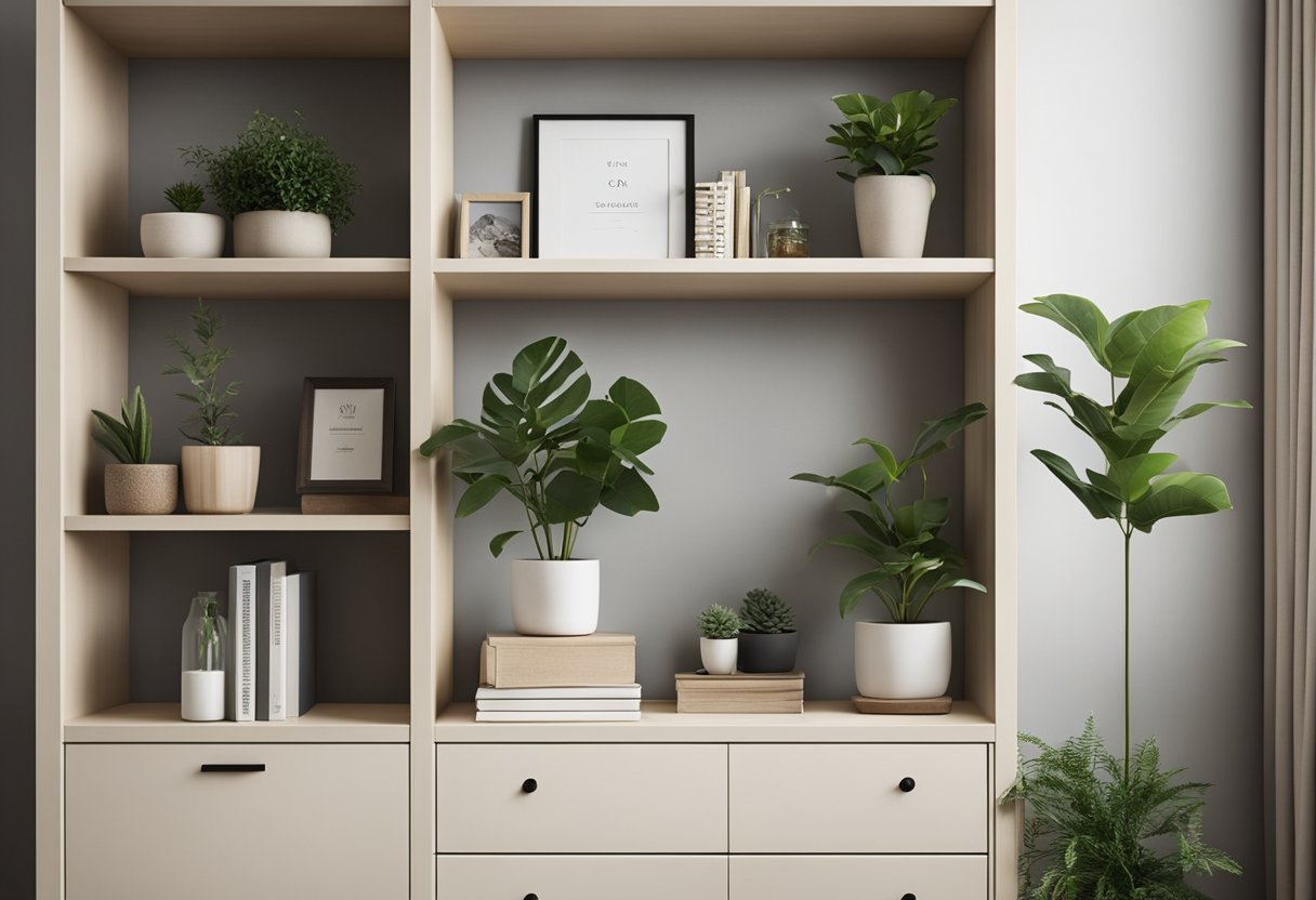 A bedroom cabinet with open shelves, neatly arranged books, decorative items, and a personalized photo frame. A small potted plant adds a touch of greenery