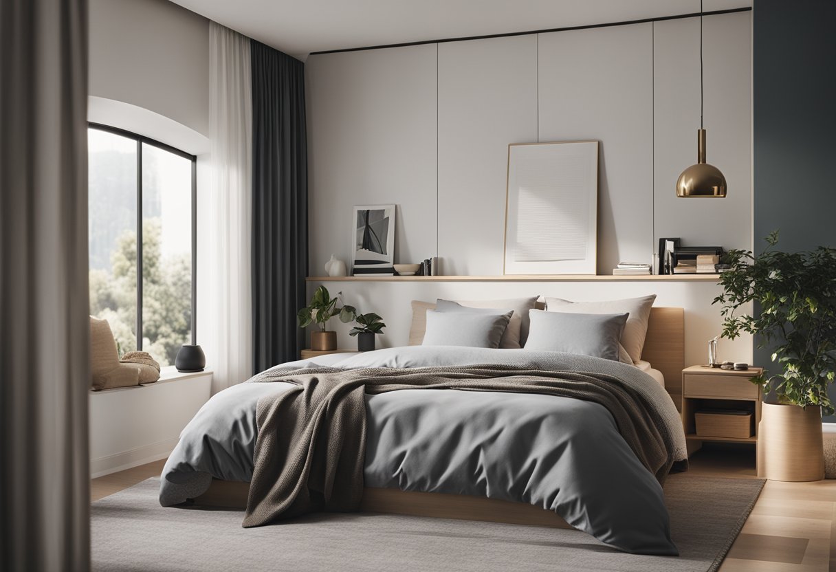 A simple, clutter-free bedroom with clean lines, neutral colors, and minimal furniture. A small bed, a small desk, and a few storage solutions