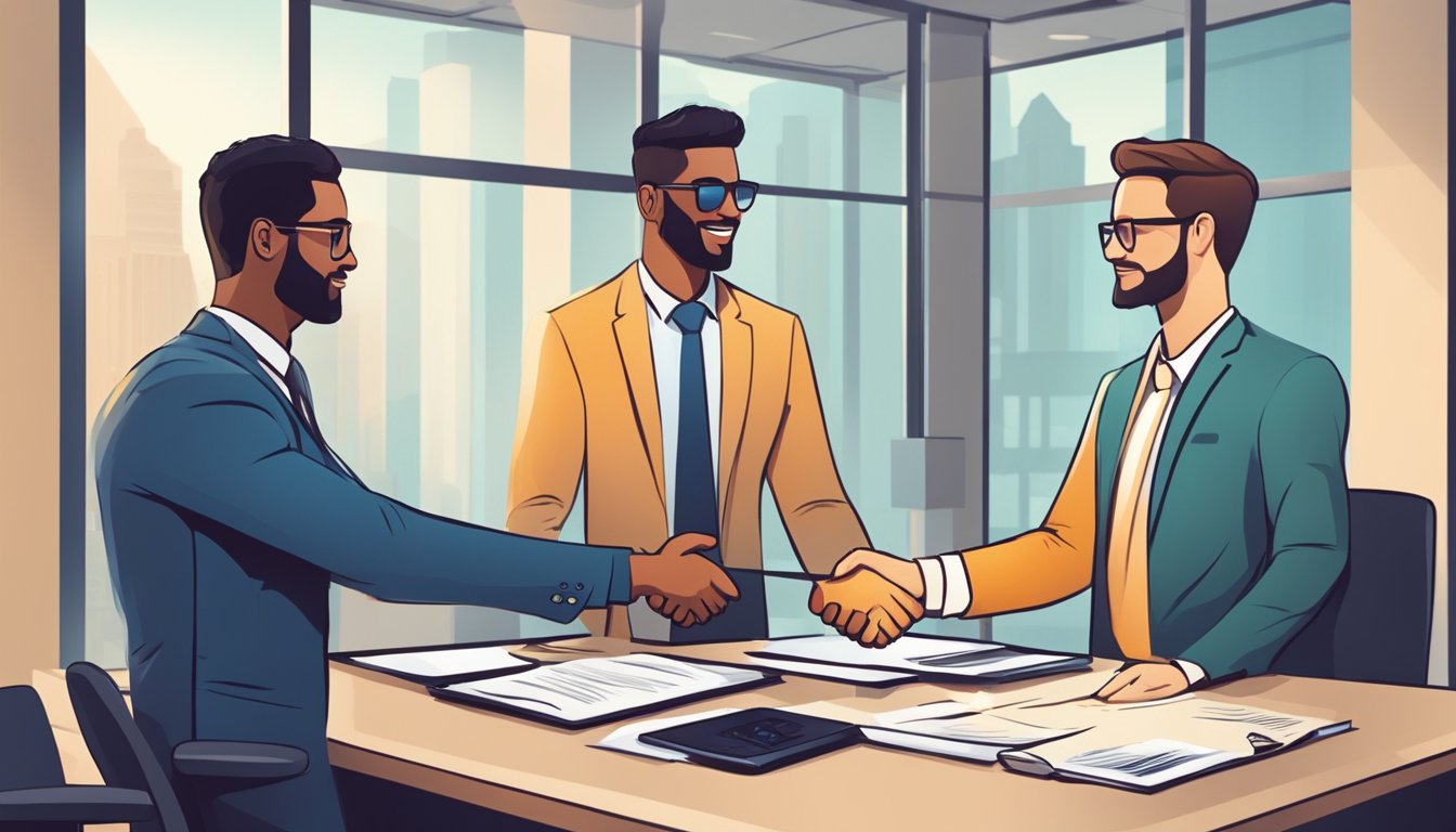 A confident business owner secures a loan with no credit, shaking hands with a lender in a modern office setting