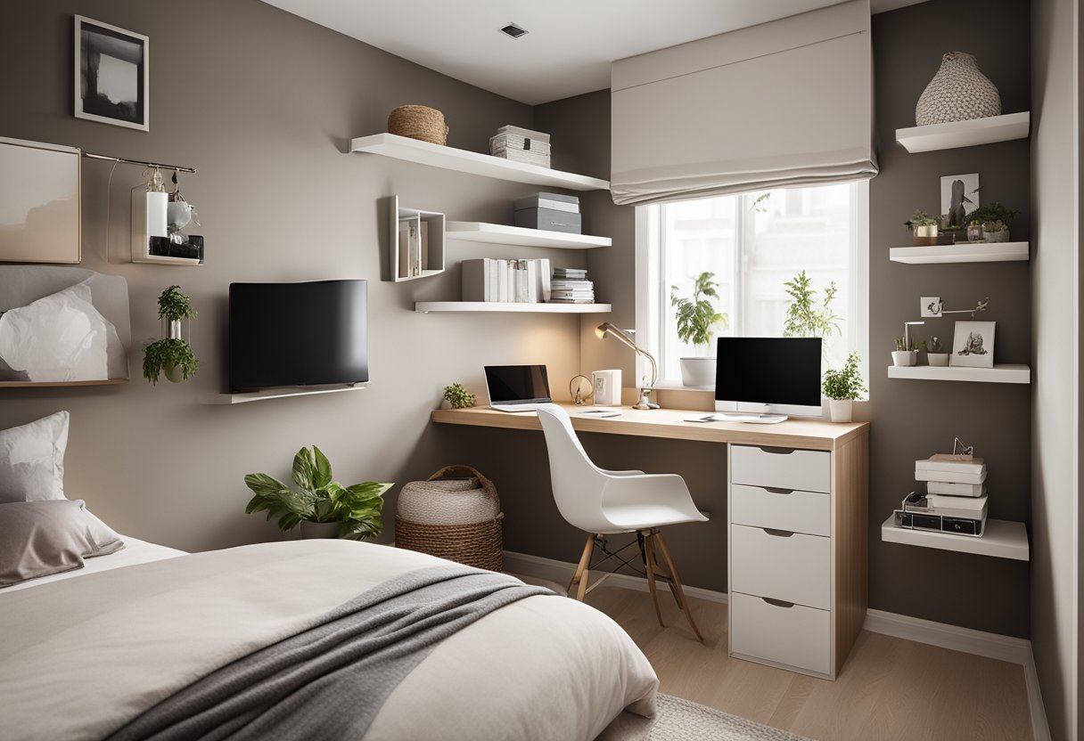 A cozy small bedroom with space-saving furniture, neutral colors, and clever storage solutions. A wall-mounted desk and floating shelves maximize floor space