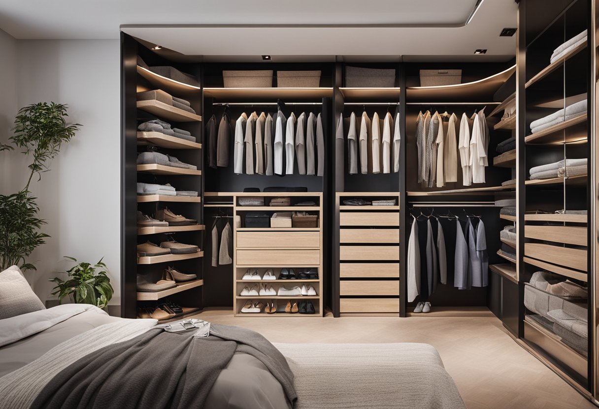 The bedroom cabinet is organized with neatly folded clothes, shoes neatly arranged, and various storage compartments for accessories