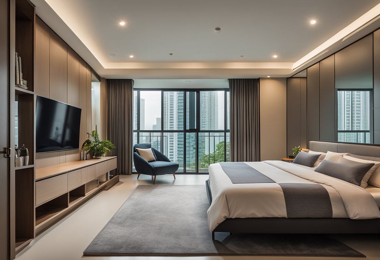 A spacious master bedroom in a 3-room HDB, featuring a minimalist design with a king-sized bed, built-in wardrobe, and large windows with sheer curtains